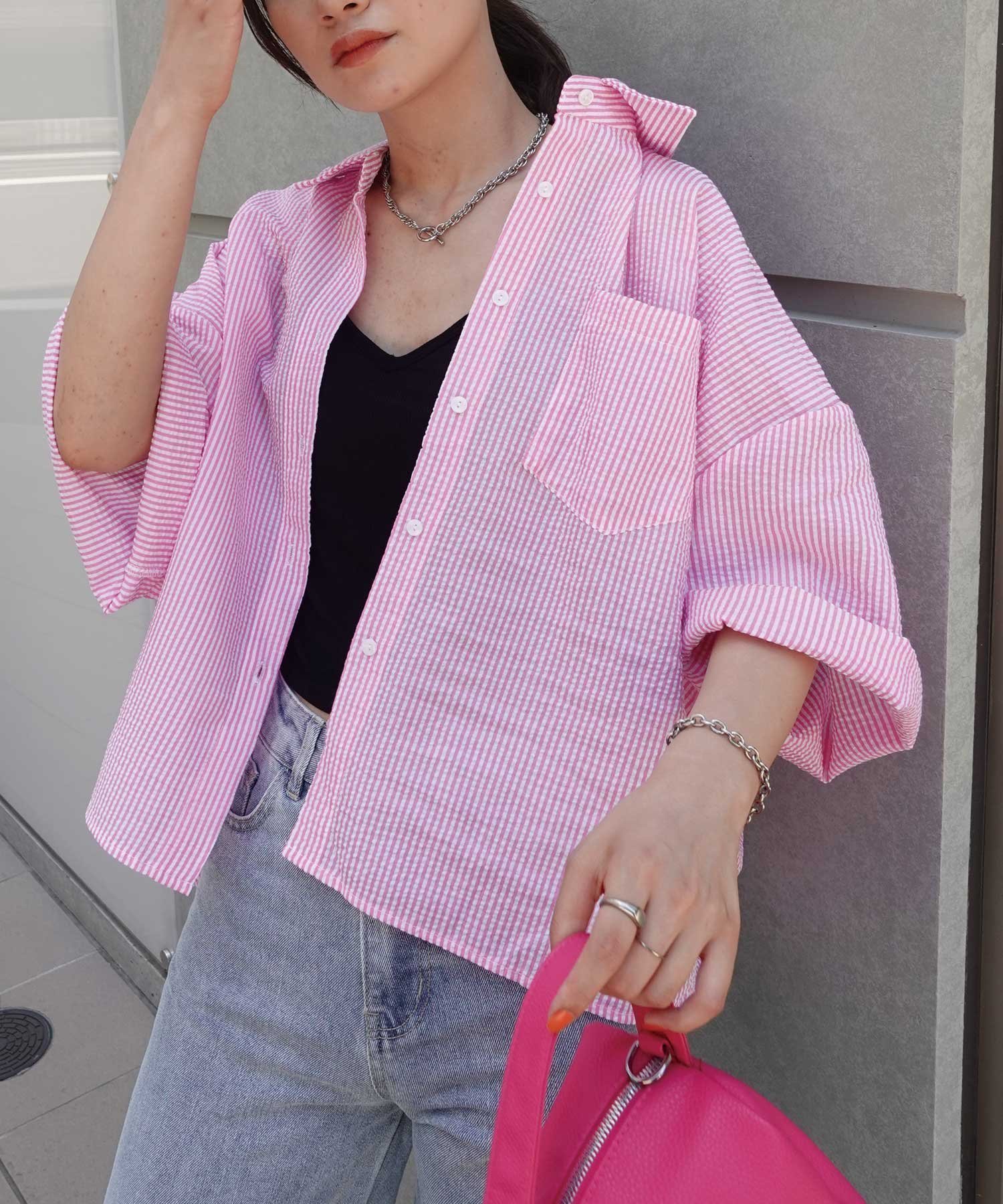 【コーナーズ/CORNERS】のビッグハーフスリーブシャツ インテリア・キッズ・メンズ・レディースファッション・服の通販 founy(ファニー) 　ファッション　Fashion　レディースファッション　Ladies' Fashion Online　トップス・カットソー　Tops/Tshirt　シャツ/ブラウス　Shirts/Blouses　ストライプ　Stripe　ブロード　Broad　ルーズ　Loose　ワッシャー　Washer　無地　Plain Color　ピンクXホワイト|ID: prp329100004552672 ipo3291000000032682307