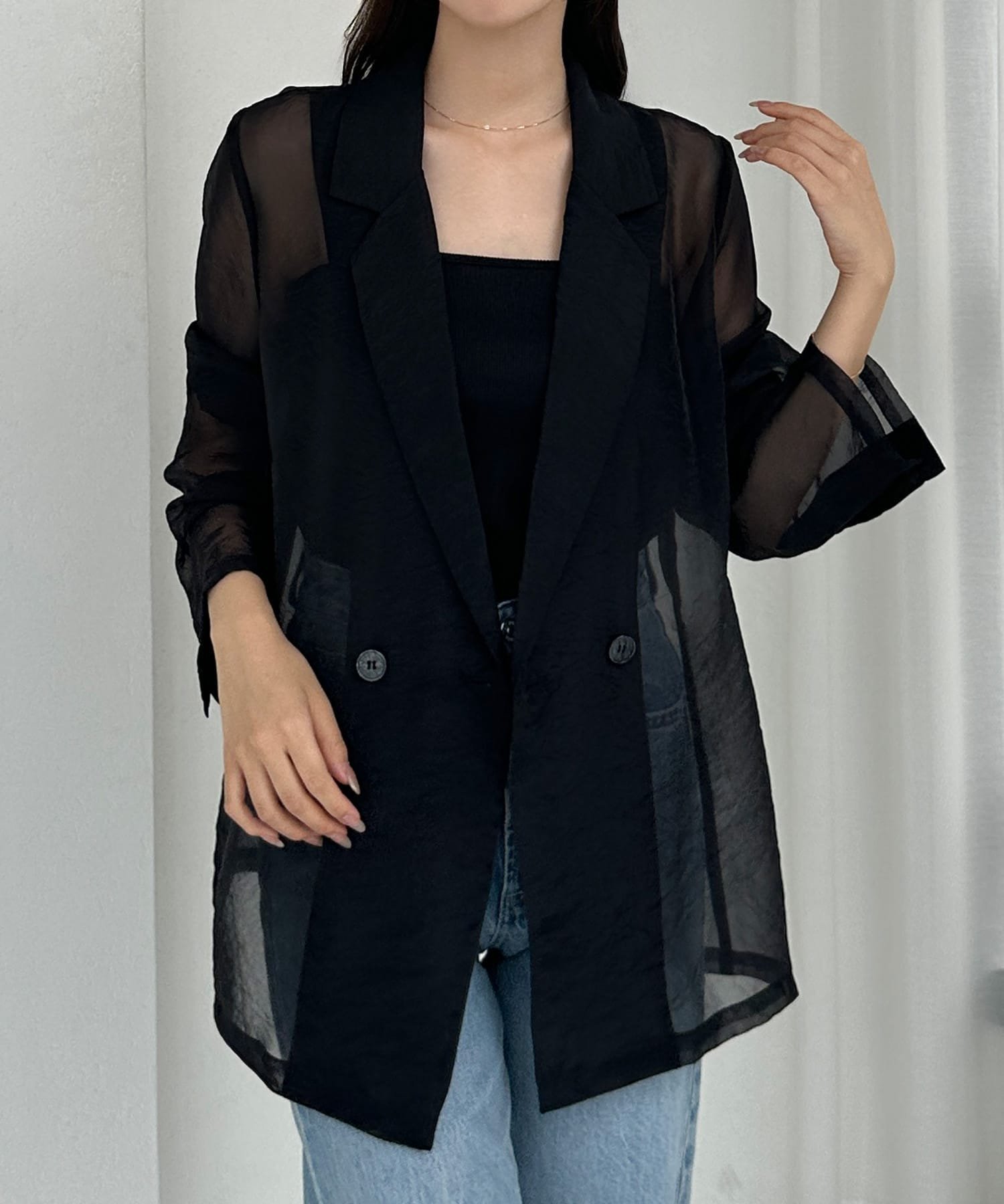 【ジュノア/JUNOAH】のLouere シアーテーラードジャケット インテリア・キッズ・メンズ・レディースファッション・服の通販 founy(ファニー) 　ファッション　Fashion　レディースファッション　WOMEN　アウター　Coat Outerwear　ジャケット　Jackets　テーラードジャケット　Tailored Jackets　ブラック|ID: prp329100004552867 ipo3291000000032386206