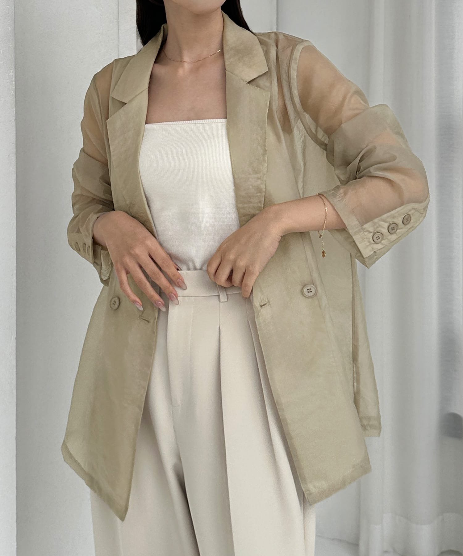 【ジュノア/JUNOAH】のLouere シアーテーラードジャケット インテリア・キッズ・メンズ・レディースファッション・服の通販 founy(ファニー) 　ファッション　Fashion　レディースファッション　WOMEN　アウター　Coat Outerwear　ジャケット　Jackets　テーラードジャケット　Tailored Jackets　グレージュ|ID: prp329100004552867 ipo3291000000032386207