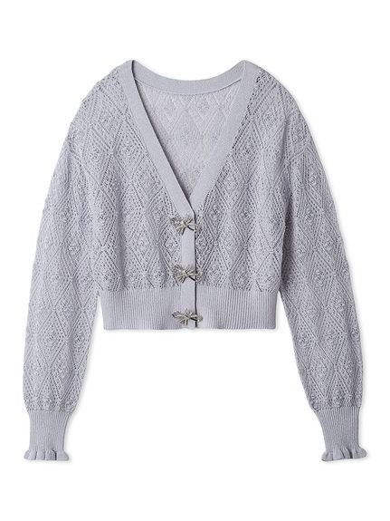 【スナイデル/SNIDEL】のリボンビジュー釦シアーカーディガン インテリア・キッズ・メンズ・レディースファッション・服の通販 founy(ファニー) 　ファッション　Fashion　レディースファッション　WOMEN　トップス・カットソー　Tops/Tshirt　カーディガン　Cardigans　おすすめ　Recommend　エレガント 上品　Elegant　カーディガン　Cardigan　シルバー　Silver　フォルム　Form　ベーシック　Basic　リボン　Ribbon　LBLU[081]|ID: prp329100004554162 ipo3291000000032408204