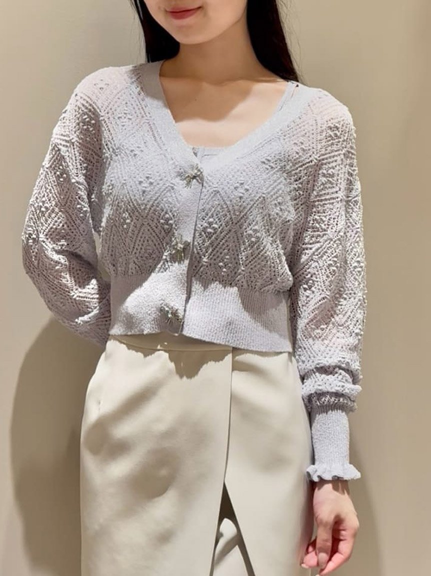 【スナイデル/SNIDEL】のリボンビジュー釦シアーカーディガン インテリア・キッズ・メンズ・レディースファッション・服の通販 founy(ファニー) 　ファッション　Fashion　レディースファッション　Fashion for Women　トップス・カットソー　Cut & Sew Tops　カーディガン・羽織り　Layered Style Cardigans　おすすめ　Recommended / Our Picks　エレガント 上品　Elegant　カーディガン　Cardigan, Knitwear　シルバー　Silver, Metallic Silver　フォルム　Silhouette, Form　ベーシック　Basic, Essential　リボン　Ribbon, Bow　LBLU[081]|ID: prp329100004554162 ipo3291000000033039890