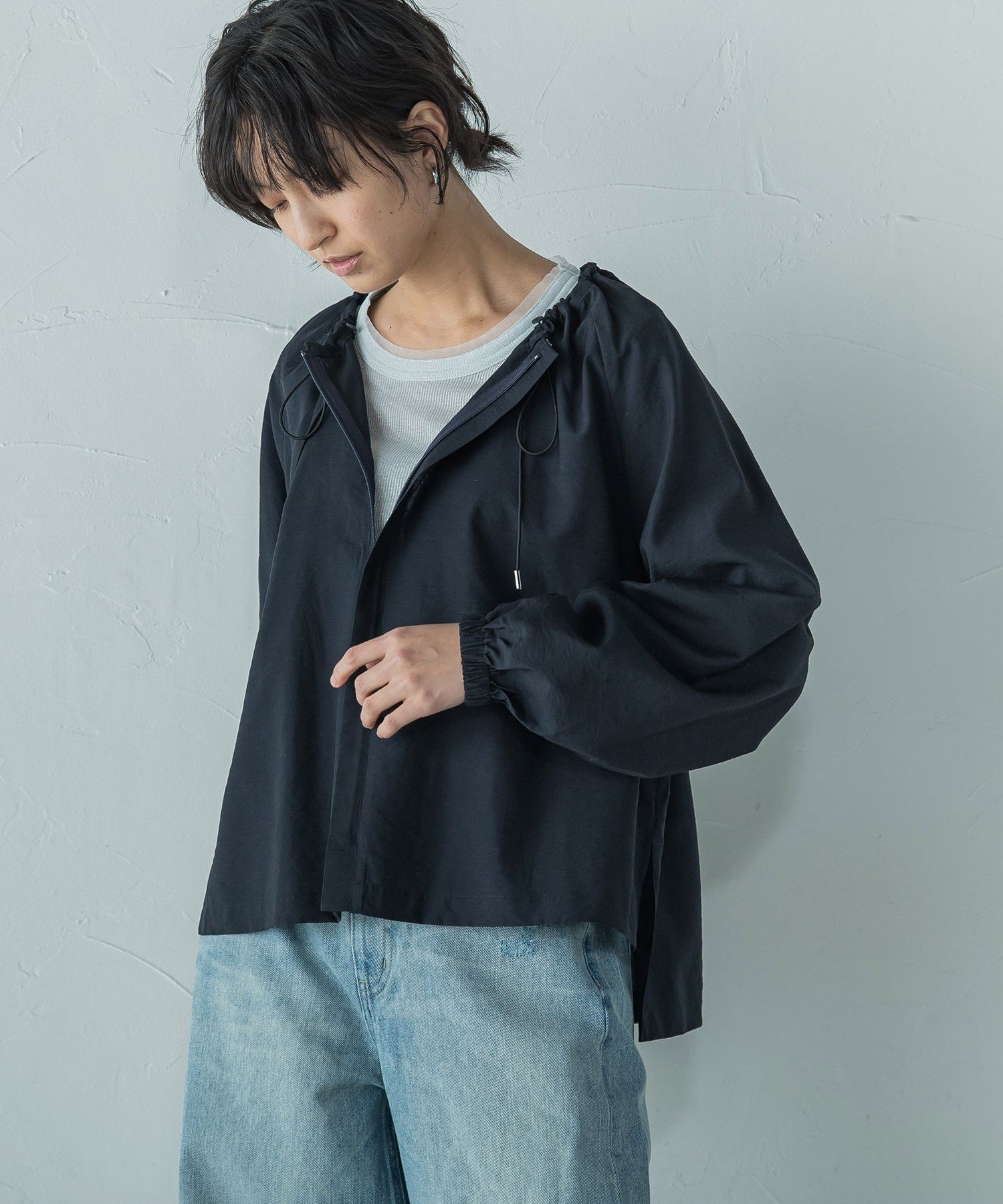 【メイソングレイ/MAYSON GREY】の叶えるフーディシャツブルゾン≪洗濯機で洗える≫ インテリア・キッズ・メンズ・レディースファッション・服の通販 founy(ファニー) 　ファッション　Fashion　レディースファッション　WOMEN　アウター　Coat Outerwear　ブルゾン　Blouson/Jackets　トップス・カットソー　Tops/Tshirt　シャツ/ブラウス　Shirts/Blouses　洗える　Washable　ギャザー　Gather　ネップ　Nep Yarn　バランス　Balance　ボトム　Bottom　マーブル　Marble　ロング　Long　ネイビー|ID: prp329100004554287 ipo3291000000032294375