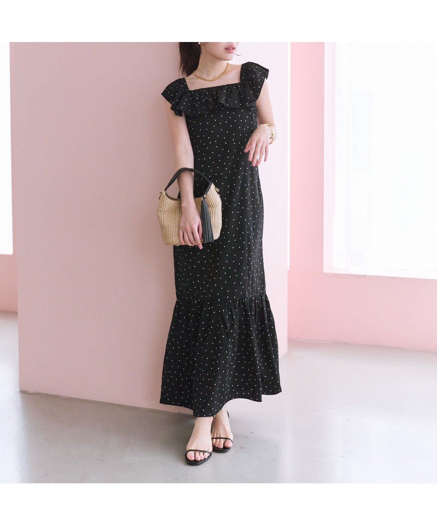 【ラブティックボンボン/La boutique BonBon】の【人気スタッフmiki監修・3サイズ展開あり】フリルトリムマーメイドワンピース インテリア・キッズ・メンズ・レディースファッション・服の通販 founy(ファニー) 　ファッション　Fashion　レディースファッション　Fashion for Women　ワンピース　Dresses　ドット　Polka Dot, Dot Pattern　フリル　Frill, Ruffle　プリント　Print, Printed Pattern　リボン　Ribbon, Bow　人気　Popular, Best Seller　無地　Plain, Solid Color　ブラック|ID: prp329100004554320 ipo3291000000033612582
