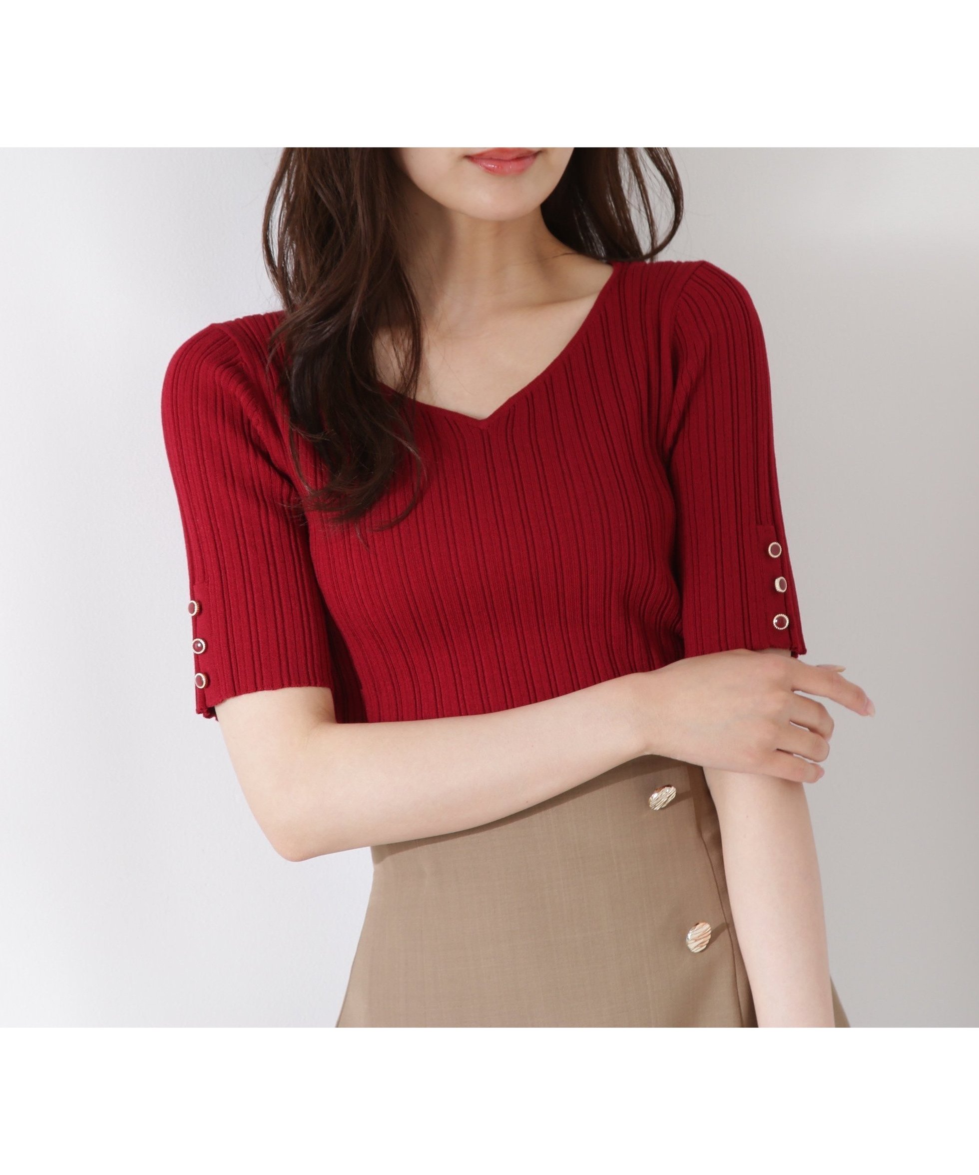 【プロポーション ボディドレッシング/PROPORTION BODY DRESSING】のハートネック半袖リブニット インテリア・キッズ・メンズ・レディースファッション・服の通販 founy(ファニー) 　ファッション　Fashion　レディースファッション　Fashion for Women　トップス・カットソー　Cut & Sew Tops　ニット　Knit Tops & Sweaters　シンプル　Simple, Minimal　リブニット　Rib Knit, Ribbed Knit　半袖　Short Sleeve, Half Sleeve　レッド|ID: prp329100004554386 ipo3291000000032750690