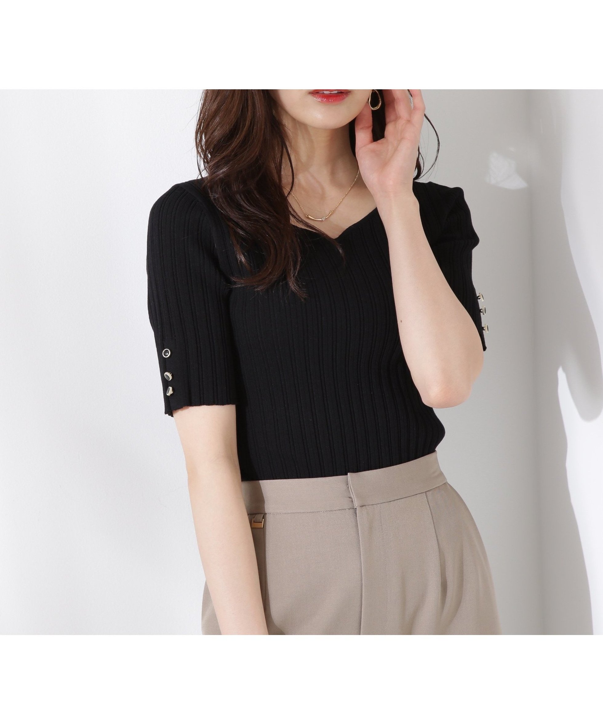 【プロポーション ボディドレッシング/PROPORTION BODY DRESSING】のハートネック半袖リブニット インテリア・キッズ・メンズ・レディースファッション・服の通販 founy(ファニー) 　ファッション　Fashion　レディースファッション　Fashion for Women　トップス・カットソー　Cut & Sew Tops　ニット　Knit Tops & Sweaters　シンプル　Simple, Minimal　リブニット　Rib Knit, Ribbed Knit　半袖　Short Sleeve, Half Sleeve　ブラック|ID: prp329100004554386 ipo3291000000032750692