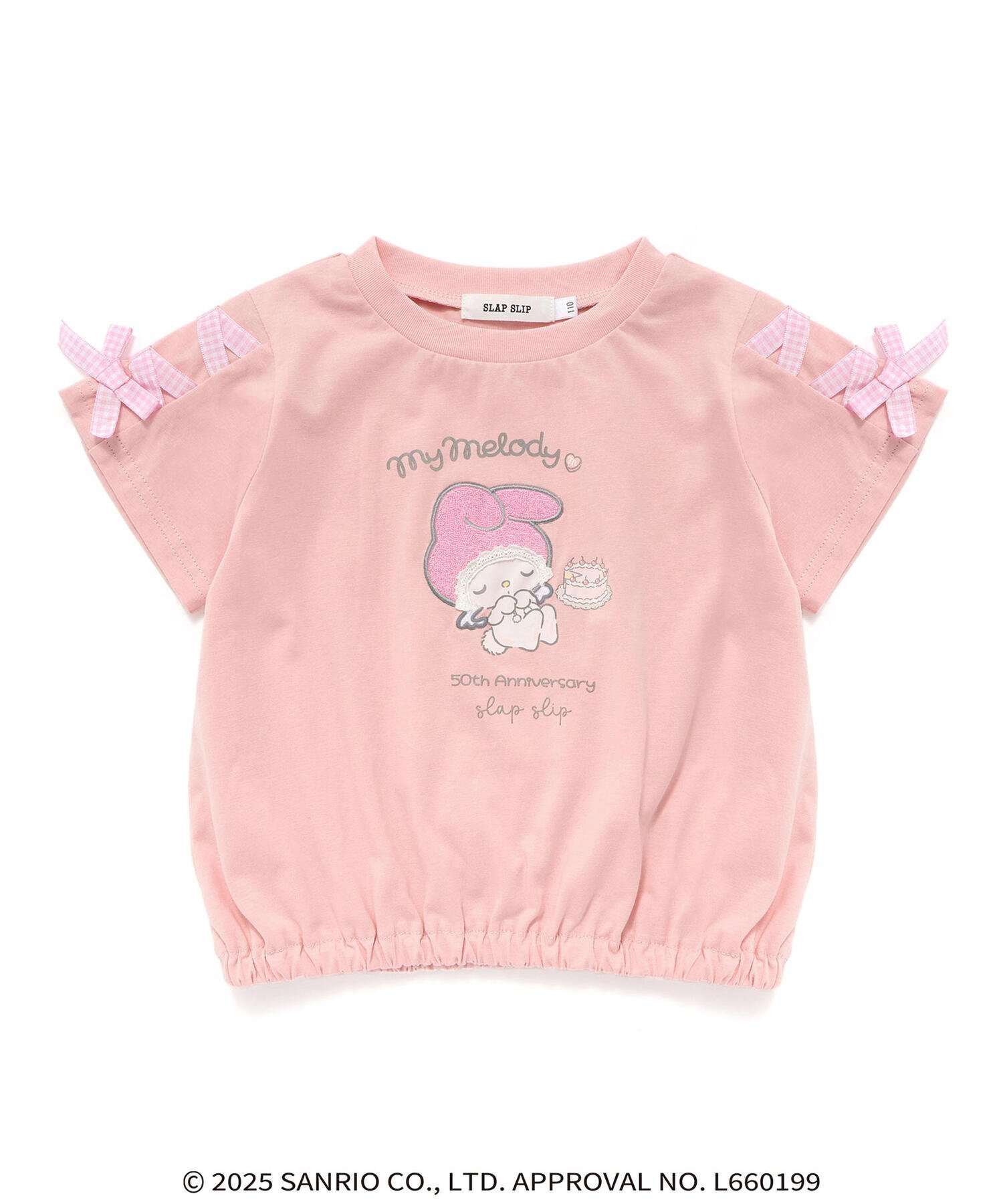 【その他のブランド/Other】の【マイメロディ クロミ*SLAPSLIP】キャラクタープリント編み上げリボンスリーブTシャツ(90~130cm) インテリア・キッズ・メンズ・レディースファッション・服の通販 founy(ファニー) 　ファッション　Fashion　キッズファッション　Fashion for Kids　春　Spring　キャラクター　Character, Licensed Characters　ギャザー　Gathered, Ruffled　スリーブ　Sleeve, Long Sleeve / Short Sleeve　チュニック　Tunic, Long Top　パープル　Purple, Violet　フォルム　Silhouette, Form　フレア　Flare, Flared　フロント　Front, Front Design　プリント　Print, Printed Pattern　ポロシャツ　Polo Shirt, Collared Tee　半袖　Short Sleeve, Half Sleeve　ランダム　Random, Irregular　リボン　Ribbon, Bow　レース　Lace, Lace Fabric　S/S・春夏　SS, Spring/Summer, Warm Season　夏　Summer　ピンク|ID: prp329100004554592 ipo3291000000032985231