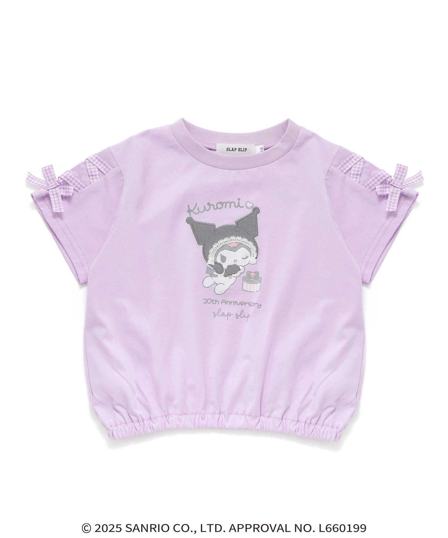 【その他のブランド/Other】の【マイメロディ クロミ*SLAPSLIP】キャラクタープリント編み上げリボンスリーブTシャツ(90~130cm) インテリア・キッズ・メンズ・レディースファッション・服の通販 founy(ファニー) 　ファッション　Fashion　キッズファッション　Fashion for Kids　春　Spring　キャラクター　Character, Licensed Characters　ギャザー　Gathered, Ruffled　スリーブ　Sleeve, Long Sleeve / Short Sleeve　チュニック　Tunic, Long Top　パープル　Purple, Violet　フォルム　Silhouette, Form　フレア　Flare, Flared　フロント　Front, Front Design　プリント　Print, Printed Pattern　ポロシャツ　Polo Shirt, Collared Tee　半袖　Short Sleeve, Half Sleeve　ランダム　Random, Irregular　リボン　Ribbon, Bow　レース　Lace, Lace Fabric　S/S・春夏　SS, Spring/Summer, Warm Season　夏　Summer　パープル|ID: prp329100004554592 ipo3291000000032985232