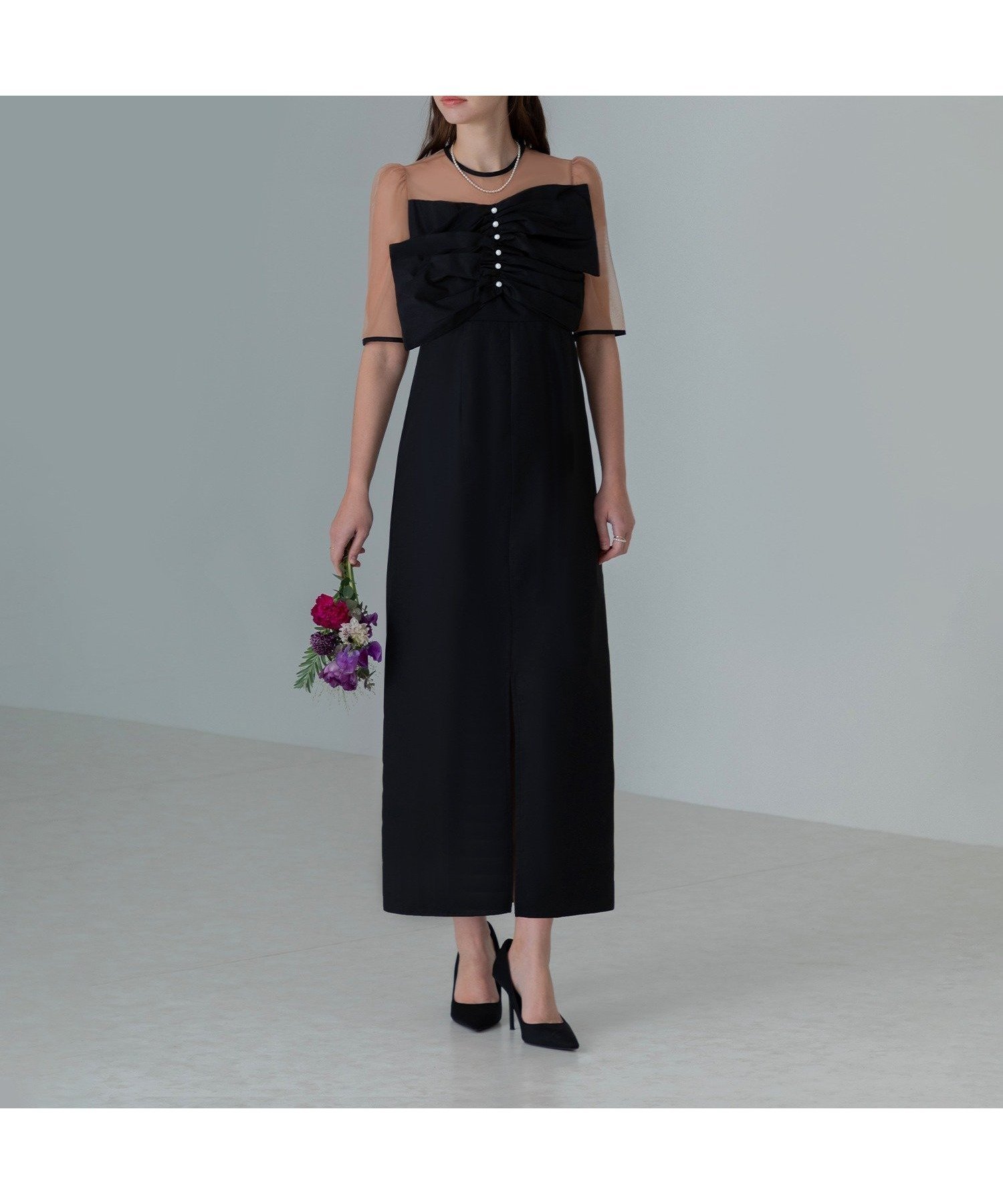 【その他のブランド/Other】のLEJA-フロントプリーツシアースリーブIラインワンピースドレス 結婚式 人気、トレンドファッション・服の通販 founy(ファニー) 　ファッション　Fashion　レディースファッション　Fashion for Women　ワンピース　Dresses　フォーマル・パーティードレス・結婚式用ドレス　Elegant & Casual Dresses　オケージョン　Occasion Wear　シアー　Sheer, See-Through　ストレート　Straight, Straight Cut　スリット　Slit, Slit Detail　センター　Center, Center Line　デコルテ　Décolleté, Neckline　パール　Pearl, Pearl Accent　フェミニン　Feminine, Girly　フォーマル　Formal, Dressy　フロント　Front, Front Design　プリーツ　Pleats, Pleated　マーメイド　Mermaid, Fishtail Silhouette　エレガント 上品　Elegant　結婚式　Wedding　披露宴　Wedding Reception　二次会　After Party　 other-1|ID: prp329100004554693 ipo3291000000032751796