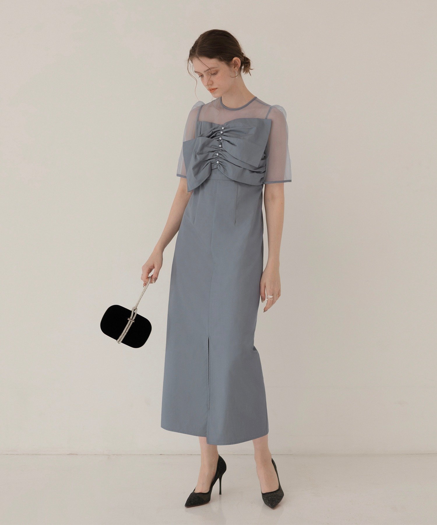 【その他のブランド/Other】のLEJA-フロントプリーツシアースリーブIラインワンピースドレス 結婚式 インテリア・キッズ・メンズ・レディースファッション・服の通販 founy(ファニー) 　ファッション　Fashion　レディースファッション　Fashion for Women　ワンピース　Dresses　フォーマル・パーティードレス・結婚式用ドレス　Elegant & Casual Dresses　オケージョン　Occasion Wear　シアー　Sheer, See-Through　ストレート　Straight, Straight Cut　スリット　Slit, Slit Detail　センター　Center, Center Line　デコルテ　Décolleté, Neckline　パール　Pearl, Pearl Accent　フェミニン　Feminine, Girly　フォーマル　Formal, Dressy　フロント　Front, Front Design　プリーツ　Pleats, Pleated　マーメイド　Mermaid, Fishtail Silhouette　エレガント 上品　Elegant　結婚式　Wedding　披露宴　Wedding Reception　二次会　After Party　BLUE|ID: prp329100004554693 ipo3291000000032751802