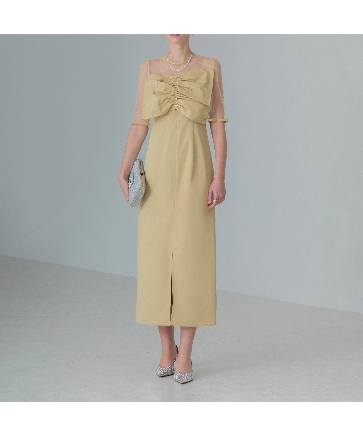 【その他のブランド/Other】のLEJA-フロントプリーツシアースリーブIラインワンピースドレス 結婚式 インテリア・キッズ・メンズ・レディースファッション・服の通販 founy(ファニー) 　ファッション　Fashion　レディースファッション　Fashion for Women　ワンピース　Dresses　フォーマル・パーティードレス・結婚式用ドレス　Elegant & Casual Dresses　オケージョン　Occasion Wear　シアー　Sheer, See-Through　ストレート　Straight, Straight Cut　スリット　Slit, Slit Detail　センター　Center, Center Line　デコルテ　Décolleté, Neckline　パール　Pearl, Pearl Accent　フェミニン　Feminine, Girly　フォーマル　Formal, Dressy　フロント　Front, Front Design　プリーツ　Pleats, Pleated　マーメイド　Mermaid, Fishtail Silhouette　エレガント 上品　Elegant　結婚式　Wedding　披露宴　Wedding Reception　二次会　After Party　YELLOW|ID: prp329100004554693 ipo3291000000032751804