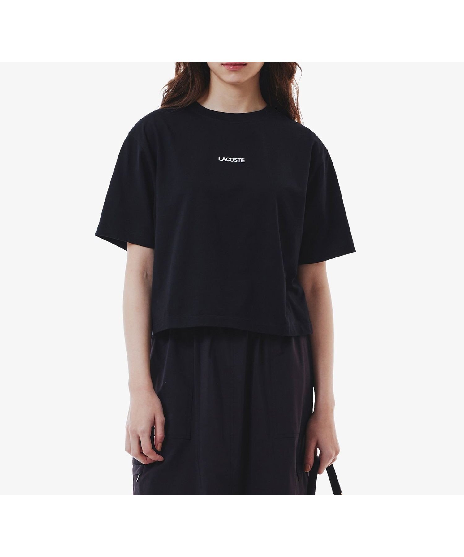 【ラコステ/LACOSTE】のワイド ショートネームステッチTシャツ インテリア・キッズ・メンズ・レディースファッション・服の通販 founy(ファニー) 　ファッション　Fashion　レディースファッション　Ladies' Fashion Online　トップス・カットソー　Tops/Tshirt　シャツ/ブラウス　Shirts/Blouses　ロング / Tシャツ　T-Shirts　クロップド　Cropped　ショート　Short　フロント　Front　モダン　Modern　ワイド　Wide　ブラック|ID: prp329100004554729 ipo3291000000032669097