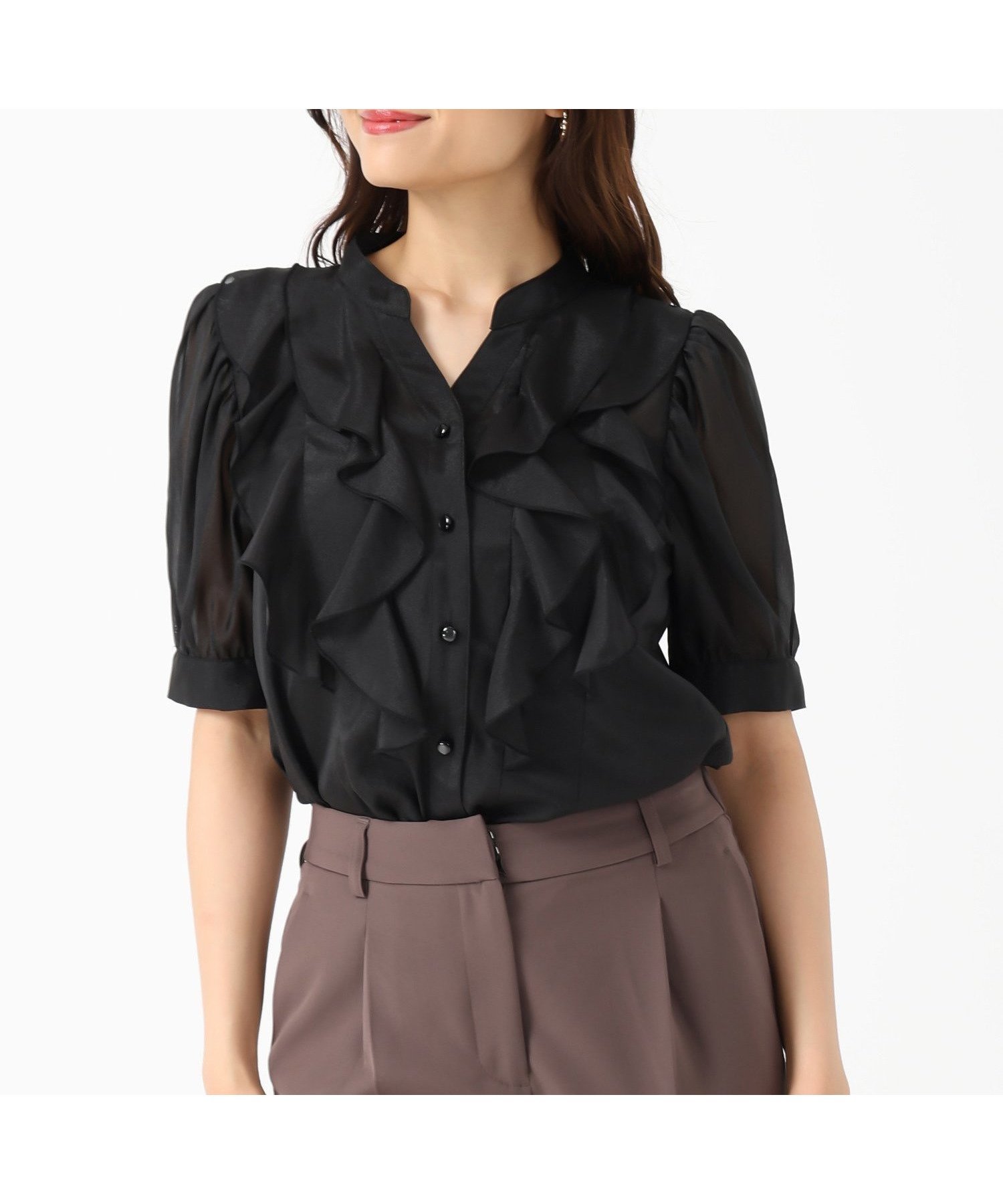 【ミッシュマッシュ/MISCH MASCH】の春夏コーデを華やかに彩る ラッフルシアーブラウス/MM528107 インテリア・キッズ・メンズ・レディースファッション・服の通販 founy(ファニー) 　ファッション　Fashion　レディースファッション　Fashion for Women　トップス・カットソー　Cut & Sew Tops　シャツ・ブラウス・オフィスカジュアル　Elegant Blouses & Button-Ups　春　Spring　シフォン　Chiffon, Lightweight Fabric　スリーブ　Sleeve, Long Sleeve / Short Sleeve　タイトスカート　Pencil Skirt, Tight Skirt　ダウン　Down, Puffer　デニム　Denim, Jeans Material　フェミニン　Feminine, Girly　フリル　Frill, Ruffle　ボトム　Bottoms, Lower Wear　ワイド　Wide, Wide Fit　S/S・春夏　SS, Spring/Summer, Warm Season　おすすめ　Recommended / Our Picks　夏　Summer　エレガント 上品　Elegant　ブラック|ID: prp329100004555077 ipo3291000000033718044
