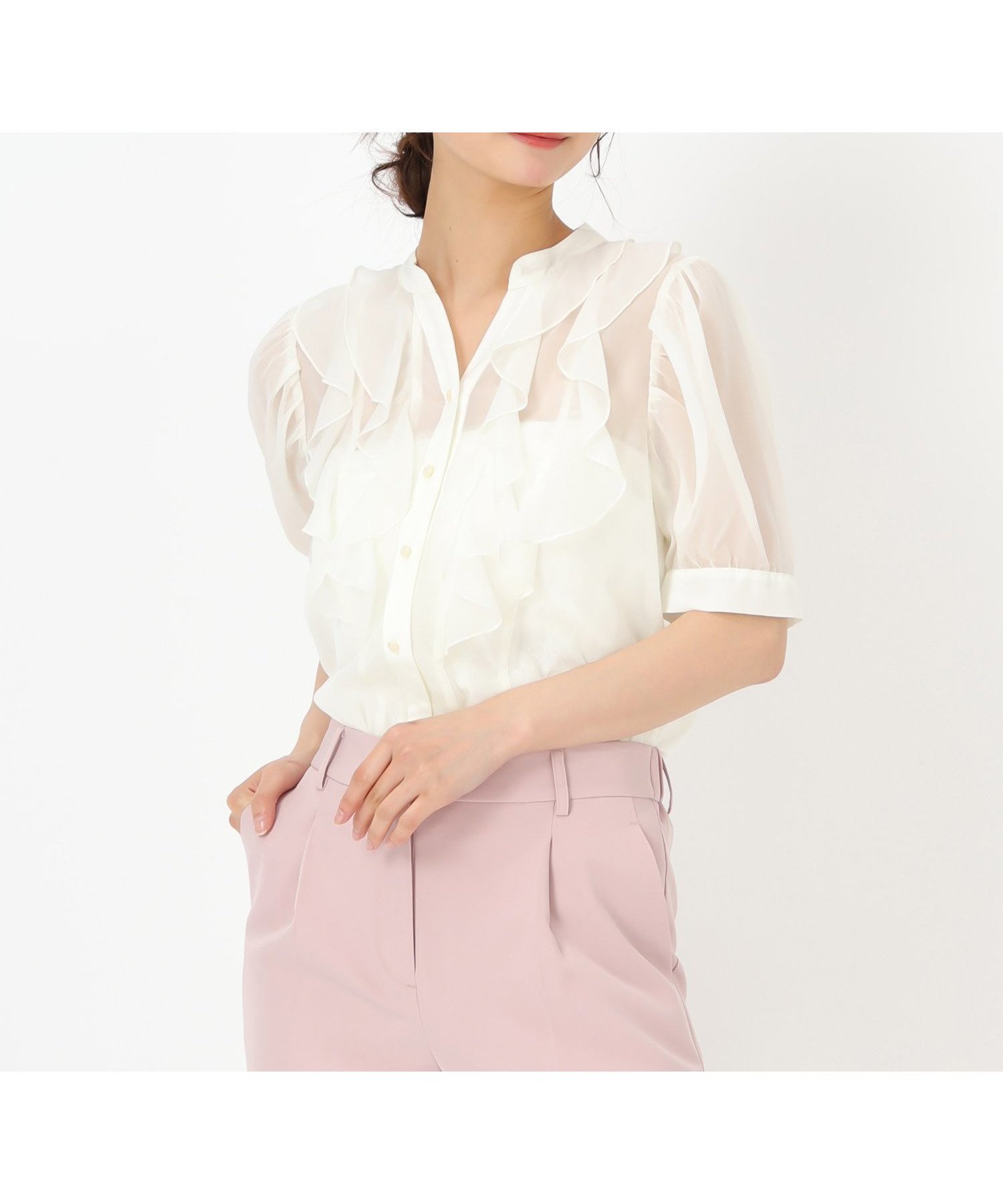 【ミッシュマッシュ/MISCH MASCH】の春夏コーデを華やかに彩る ラッフルシアーブラウス/MM528107 インテリア・キッズ・メンズ・レディースファッション・服の通販 founy(ファニー) 　ファッション　Fashion　レディースファッション　Fashion for Women　トップス・カットソー　Cut & Sew Tops　シャツ・ブラウス・オフィスカジュアル　Elegant Blouses & Button-Ups　春　Spring　シフォン　Chiffon, Lightweight Fabric　スリーブ　Sleeve, Long Sleeve / Short Sleeve　タイトスカート　Pencil Skirt, Tight Skirt　ダウン　Down, Puffer　デニム　Denim, Jeans Material　フェミニン　Feminine, Girly　フリル　Frill, Ruffle　ボトム　Bottoms, Lower Wear　ワイド　Wide, Wide Fit　S/S・春夏　SS, Spring/Summer, Warm Season　おすすめ　Recommended / Our Picks　夏　Summer　エレガント 上品　Elegant　アイボリー|ID: prp329100004555077 ipo3291000000033718046