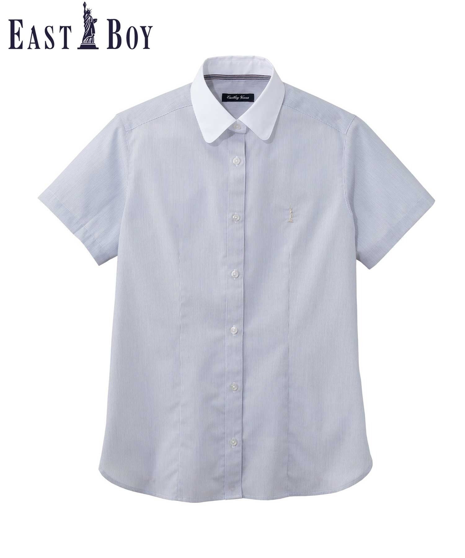【イーストボーイ/EASTBOY】のシャツ 半袖 ストライプ クレリック ブラウス スクール 制服 中学 高校 インテリア・キッズ・メンズ・レディースファッション・服の通販 founy(ファニー) 　ファッション　Fashion　レディースファッション　Ladies' Fashion Online　トップス・カットソー　Tops/Tshirt　シャツ/ブラウス　Shirts/Blouses　シルバー　Silver　ストライプ　Stripe　スリット　Slit　ポケット　Pocket　半袖　Short Sleeve　無地　Plain Color　リボン　Ribbon　おすすめ　Recommend　ホワイト×グレー|ID: prp329100004555094 ipo3291000000032691768