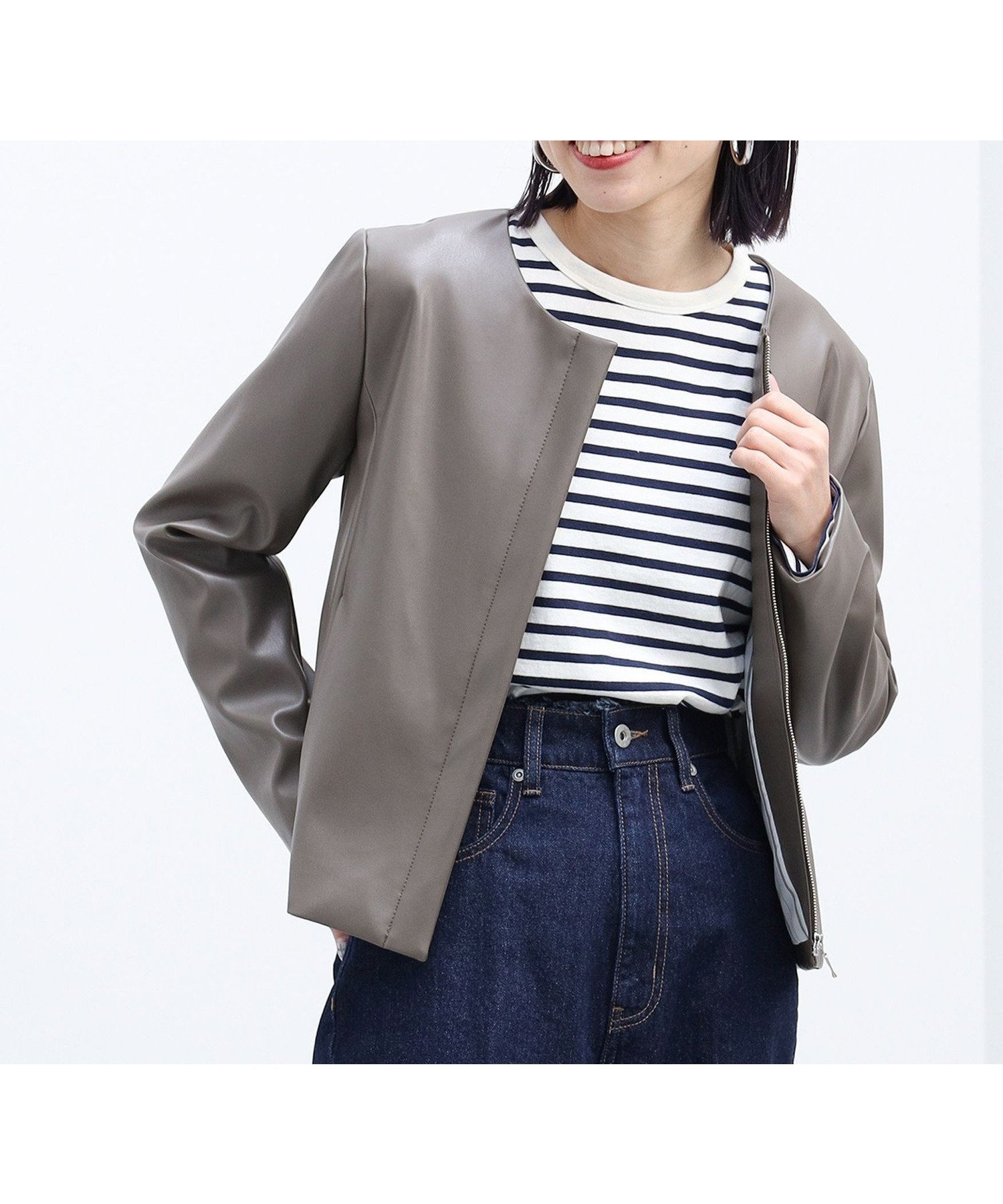 【その他のブランド/Other】のノーカラー フェイクレザー ブルゾン インテリア・キッズ・メンズ・レディースファッション・服の通販 founy(ファニー) 　ファッション　Fashion　レディースファッション　Fashion for Women　アウター　Coat / Outerwear Collection　ブルゾンジャケット・スポーティアウター　Blouson Jackets　インナー　Innerwear　コンパクト　Compact, Small Size　シンプル　Simple, Minimal　フェイクレザー　Faux Leather, PU Leather　フェミニン　Feminine, Girly　ブルゾン　Blouson, Bomber Jacket　リアル　Real, Realistic　ロング　Long, Long-Length　人気　Popular, Best Seller　MOCHA|ID: prp329100004555221 ipo3291000000032991968