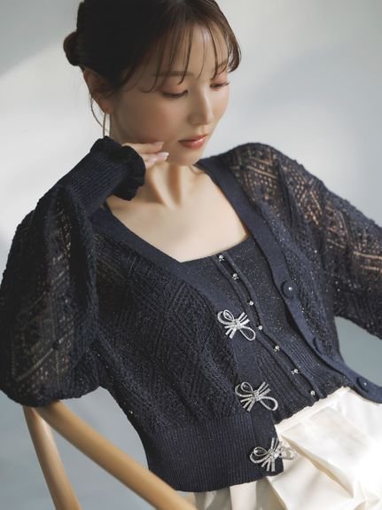 【スナイデル/SNIDEL】のビジューホックニットビスチェ インテリア・キッズ・メンズ・レディースファッション・服の通販 founy(ファニー) 　ファッション　Fashion　レディースファッション　WOMEN　トップス・カットソー　Tops/Tshirt　ニット　Knit Tops　ビスチェ　Bustier　おすすめ　Recommend　ウェーブ　Wave　エレガント 上品　Elegant　シルバー　Silver　ストレート　Straight　デコルテ　Decolletage　ビスチェ　Bustier　フェミニン　Feminine　フリル　Frills　フロント　Front　リボン　Ribbon　NVY[089]|ID: prp329100004555321 ipo3291000000032195454
