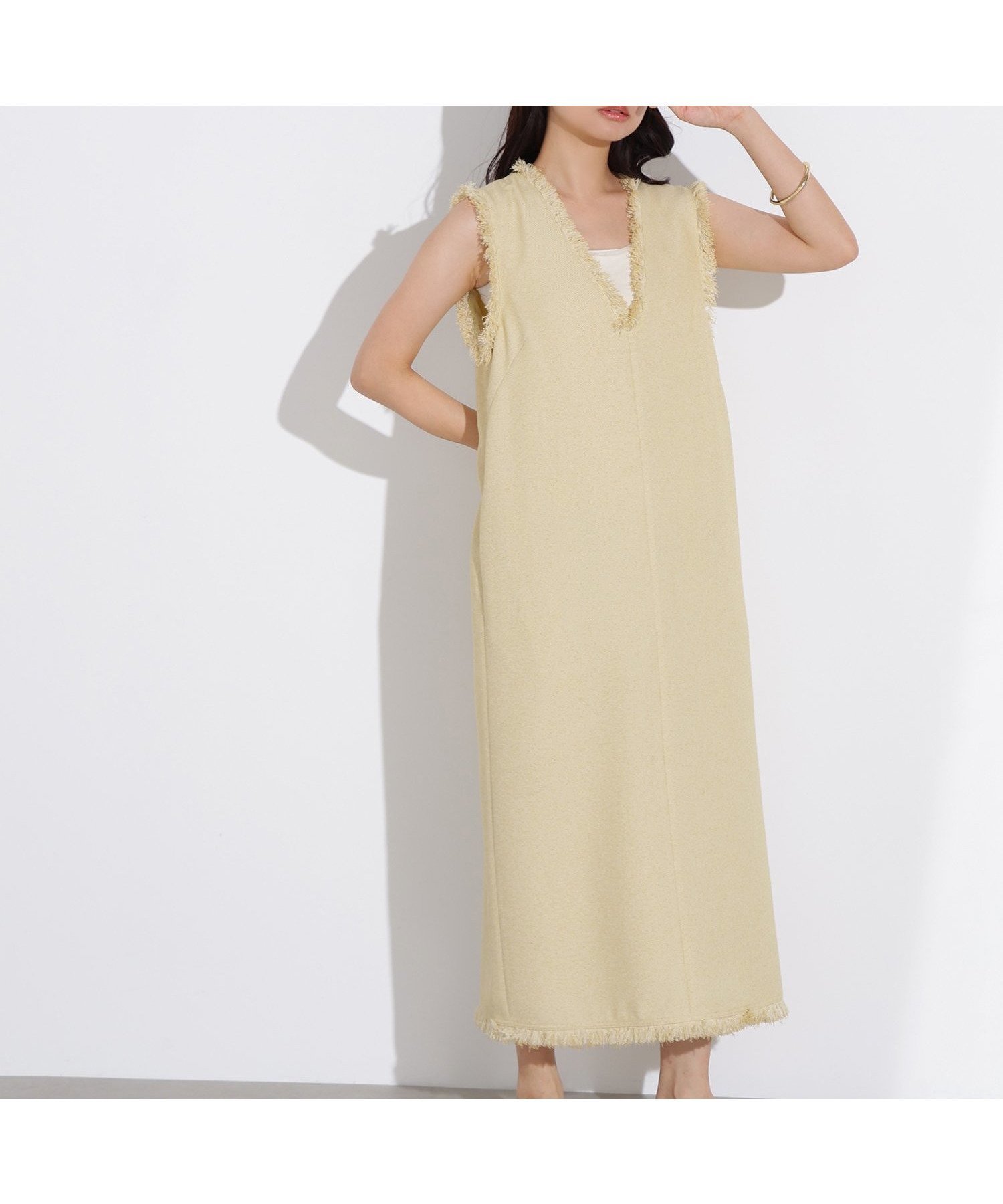 【エヌ ナチュラルビューティーベーシック/N.Natural Beauty basic】のライトツイーディーナローワンピース インテリア・キッズ・メンズ・レディースファッション・服の通販 founy(ファニー) 　ファッション　Fashion　レディースファッション　WOMEN　ワンピース　Dress　インナー　Inner　サマー　Summer　ツイード　Tweed　バランス　Balance　フリンジ　Fringe　ロング　Long　イエロー2|ID: prp329100004555881 ipo3291000000032249156