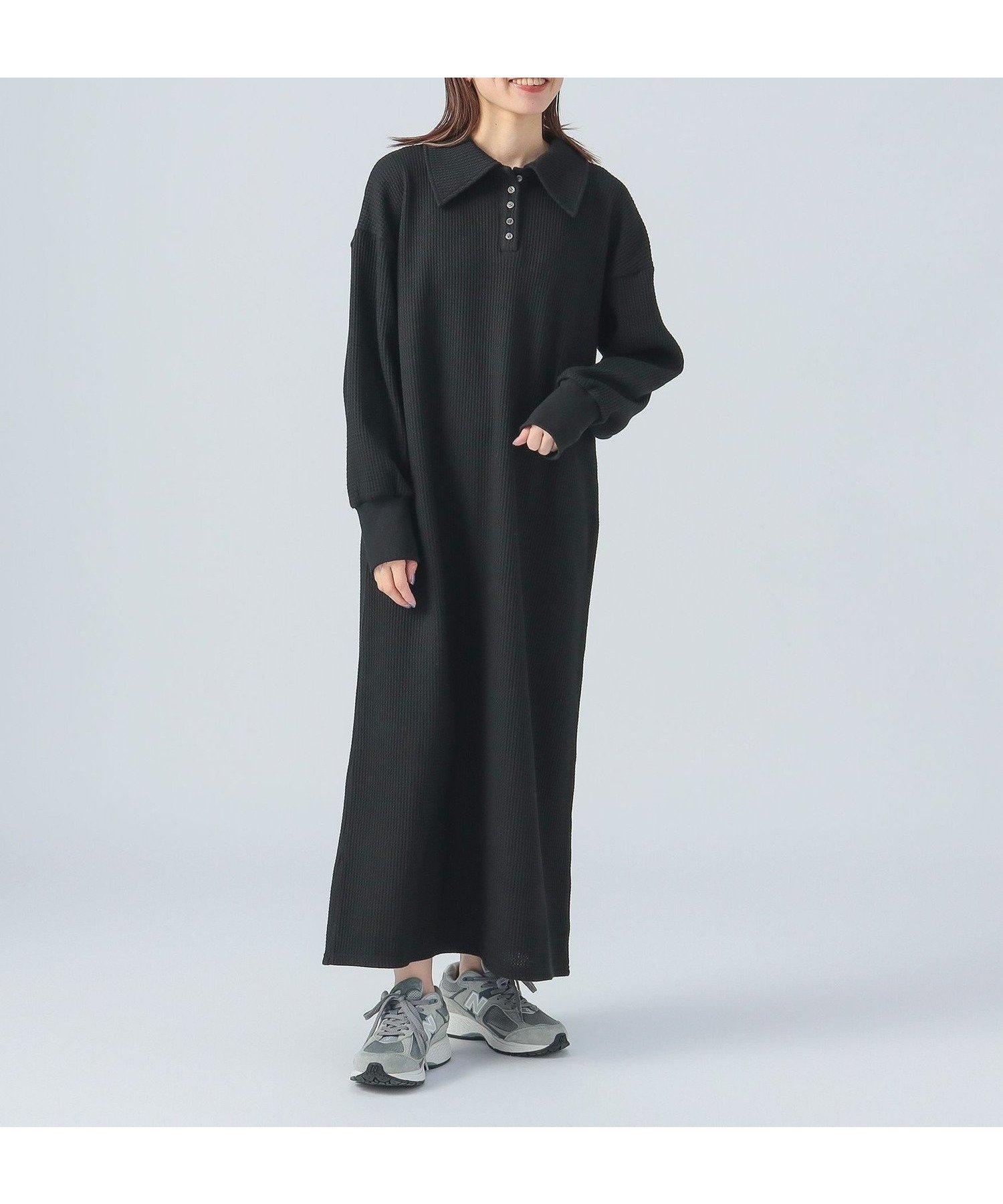 【ビームス ハート/BEAMS HEART】の【洗濯機洗い可】ワッフル ポロ ワンピース 25SS 長袖 インテリア・キッズ・メンズ・レディースファッション・服の通販 founy(ファニー) 　ファッション　Fashion　レディースファッション　WOMEN　ワンピース　Dress　2025年　2025　2025春夏・S/S　Ss,Spring/Summer,2025　おすすめ　Recommend　ショルダー　Shoulder　ドロップ　Drop　ロング　Long　ワッフル　Waffle　長袖　Long Sleeve　BLACK|ID: prp329100004555892 ipo3291000000032250915