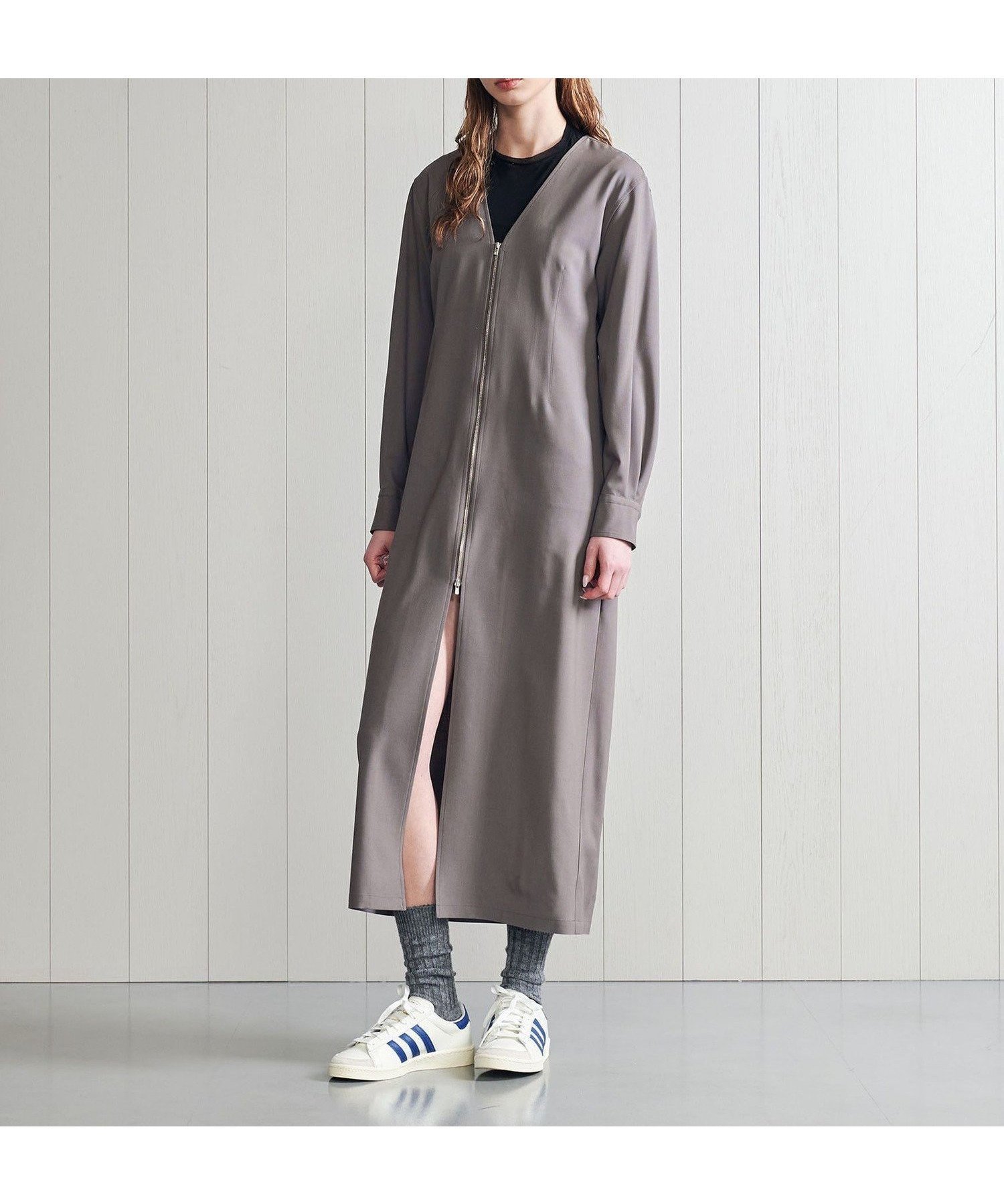 【その他のブランド/Other】のH トロピカルクロス ジップマキシワンピース インテリア・キッズ・メンズ・レディースファッション・服の通販 founy(ファニー) 　ファッション　Fashion　レディースファッション　WOMEN　ワンピース　Dress　マキシワンピース　Maxi Dress　インナー　Inner　スリット　Slit　タートルネック　Turtleneck　デニム　Denim　ドレープ　Drape　フロント　Front　マキシ　Maxi　レギンス　Leggings　羽織　Haori　MD.GRAY|ID: prp329100004555916 ipo3291000000032249884