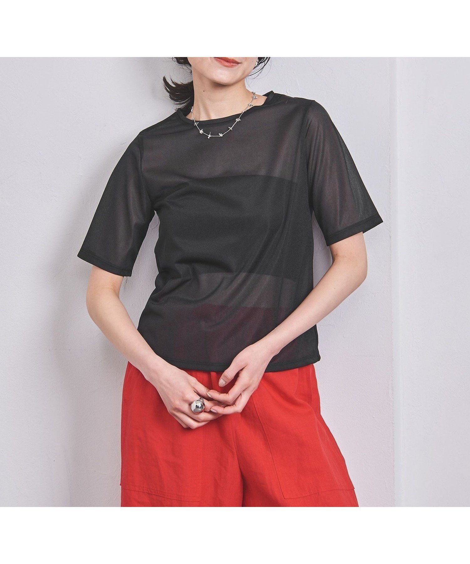 【ユナイテッドアローズ/UNITED ARROWS】のシアー Tシャツ インテリア・キッズ・メンズ・レディースファッション・服の通販 founy(ファニー) 　ファッション　Fashion　レディースファッション　Fashion for Women　トップス・カットソー　Cut & Sew Tops　シャツ・ブラウス・オフィスカジュアル　Elegant Blouses & Button-Ups　ロングTシャツ・Tシャツ　Longline T-Shirts & Tees　オーガンジー　Organza Fabric　カットソー　Cut and Sewn Top　キャミソール　Camisole, Spaghetti Strap Top　シアー　Sheer, See-Through　シンプル　Simple, Minimal　ボトム　Bottoms, Lower Wear　BLACK|ID: prp329100004556130 ipo3291000000033490507