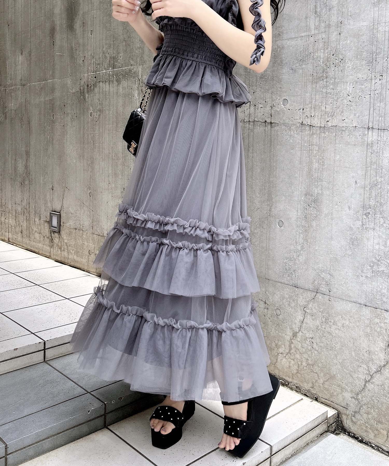 【イング/INGNI】のチュールフリルスカート(セットアップ対応) インテリア・キッズ・メンズ・レディースファッション・服の通販 founy(ファニー) 　ファッション　Fashion　レディースファッション　Fashion for Women　セットアップ　Matching Sets　スカート・ミニ/ミディ/マキシ　Skirts / Mini, Midi & Maxi Skirts　ガーリー　Girly, Feminine Style　ショート　Short, Short Length　シンプル　Simple, Minimal　スウェット / スエット　Sweatshirt, Sweatwear　スマホ　Smartphone, Mobile Device　セットアップ　Set-Up, Coordinated Outfit　ダウン　Down, Puffer　チュール　Tulip, Tulip Motif　フェミニン　Feminine, Girly　フリル　Frill, Ruffle　フレア　Flare, Flared　無地　Plain, Solid Color　リボン　Ribbon, Bow　ロング　Long, Long-Length　楽ちん　Easy Fit, Comfortable　エレガント 上品　Elegant　グレー|ID: prp329100004556210 ipo3291000000032760633