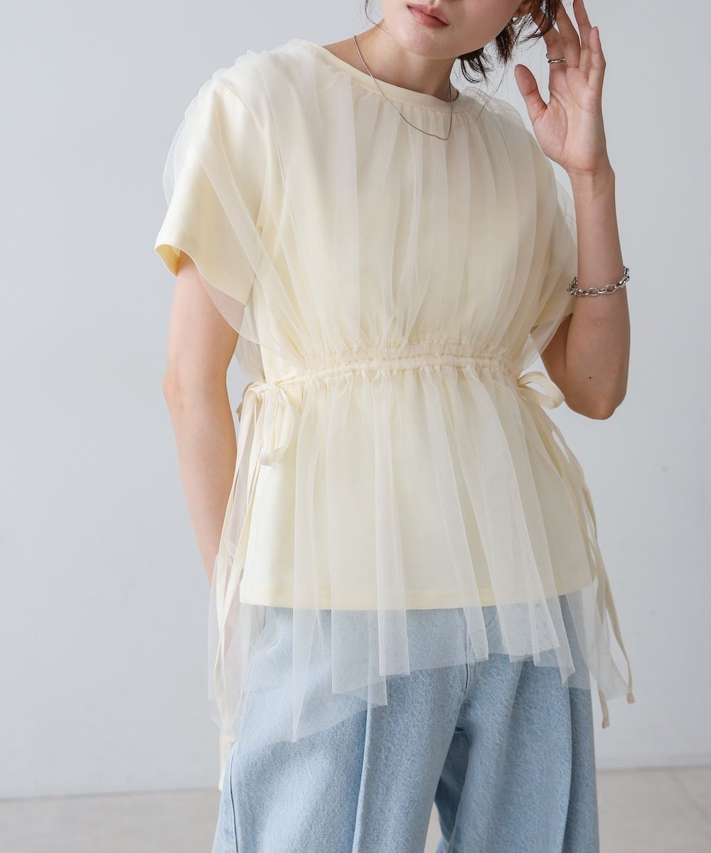 【バブ ブージュルード/Bab Bou Jeloud】のチュールドッキングギャザーカットソー 人気、トレンドファッション・服の通販 founy(ファニー) 　ファッション　Fashion　レディースファッション　WOMEN　トップス・カットソー　Tops/Tshirt　カットソー　Cut and Sewn　エアリー　Airy　カットソー　Cut And Sew　ギャザー　Gather　シンプル　Simple　ジーンズ　Jeans　スラックス　Slacks　タイトスカート　Tight Skirt　チュール　Tulle　ドッキング　Docking　バランス　Balance　フェミニン　Feminine　切替　Switching　夏　Summer　 other-1|ID: prp329100004556436 ipo3291000000032205175