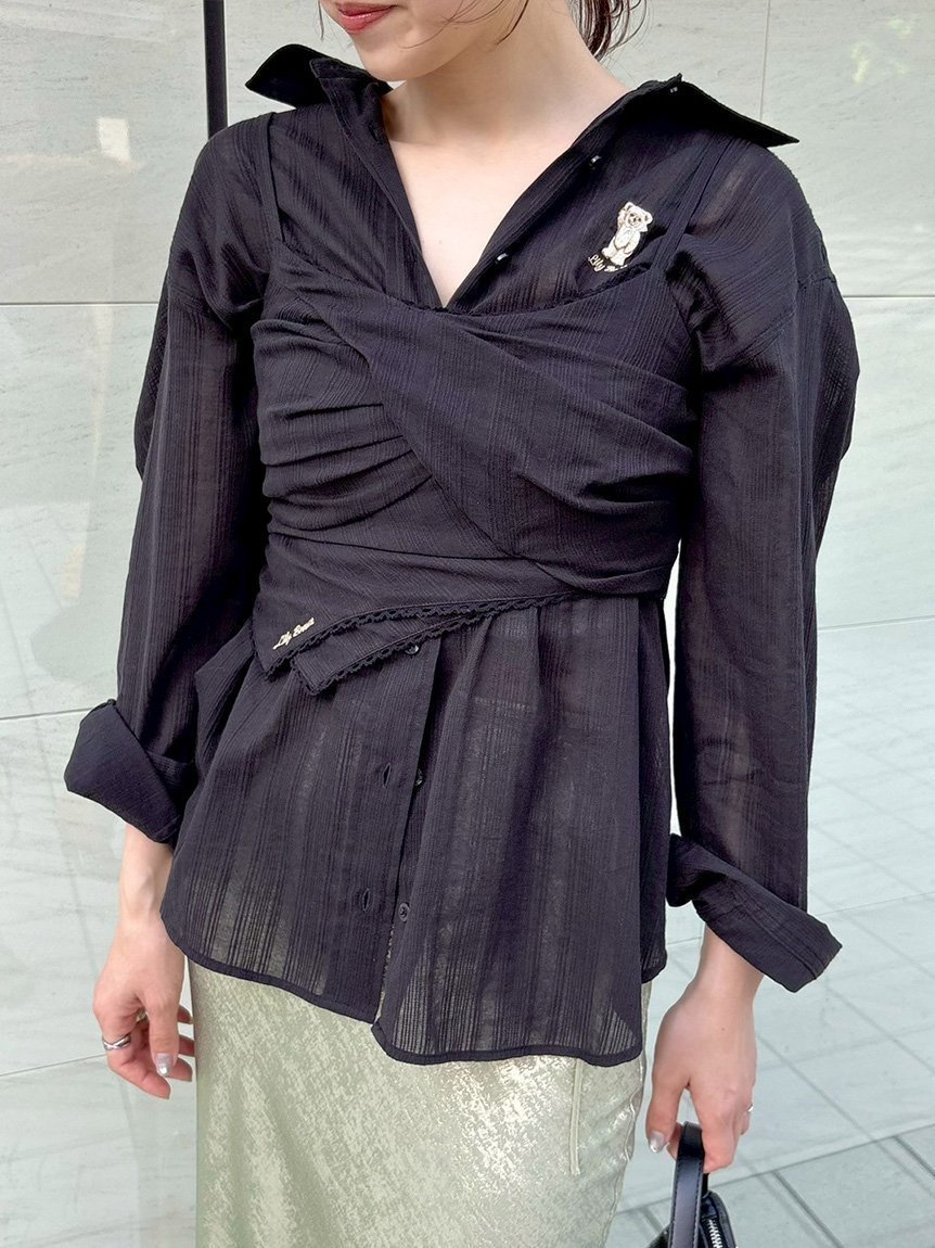 【リリーブラウン/Lily Brown】のLily Bearシアーオーバーシャツ インテリア・キッズ・メンズ・レディースファッション・服の通販 founy(ファニー) 　ファッション　Fashion　レディースファッション　WOMEN　トップス・カットソー　Tops/Tshirt　シャツ/ブラウス　Shirts/Blouses　おすすめ　Recommend　キャミソール　Camisole　クロップド　Cropped　スカーフ　Scarf　ストライプ　Stripe　セットアップ　Set Up　フロント　Front　人気　Popularity　夏　Summer　無地　Plain Color　BLK[009]|ID: prp329100004556680 ipo3291000000032294625