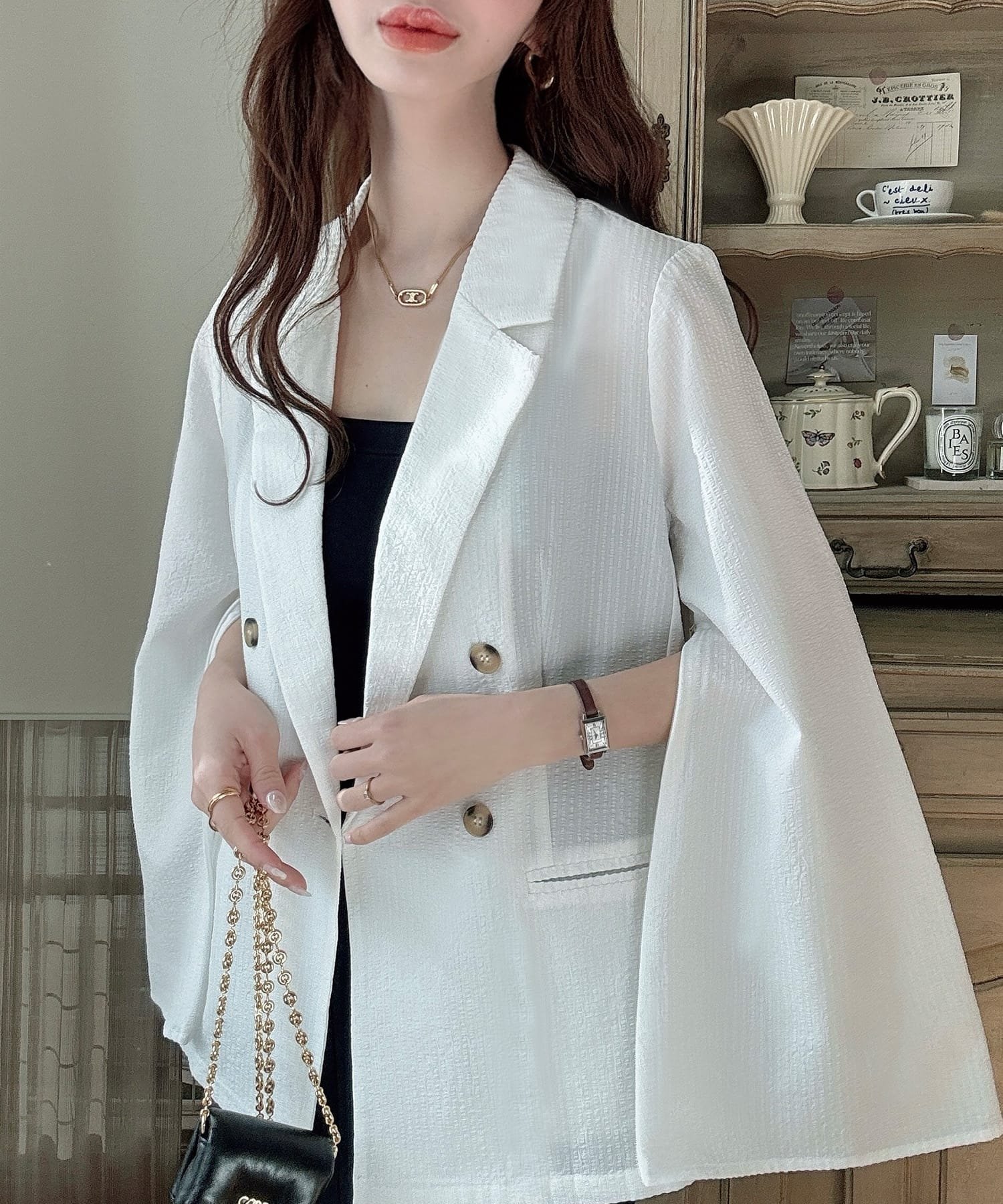 【ジュノア/JUNOAH】のMeiru スリットスリーブジャケット インテリア・キッズ・メンズ・レディースファッション・服の通販 founy(ファニー) 　ファッション　Fashion　レディースファッション　WOMEN　アウター　Coat Outerwear　ジャケット　Jackets　ホワイト|ID: prp329100004556712 ipo3291000000032353204