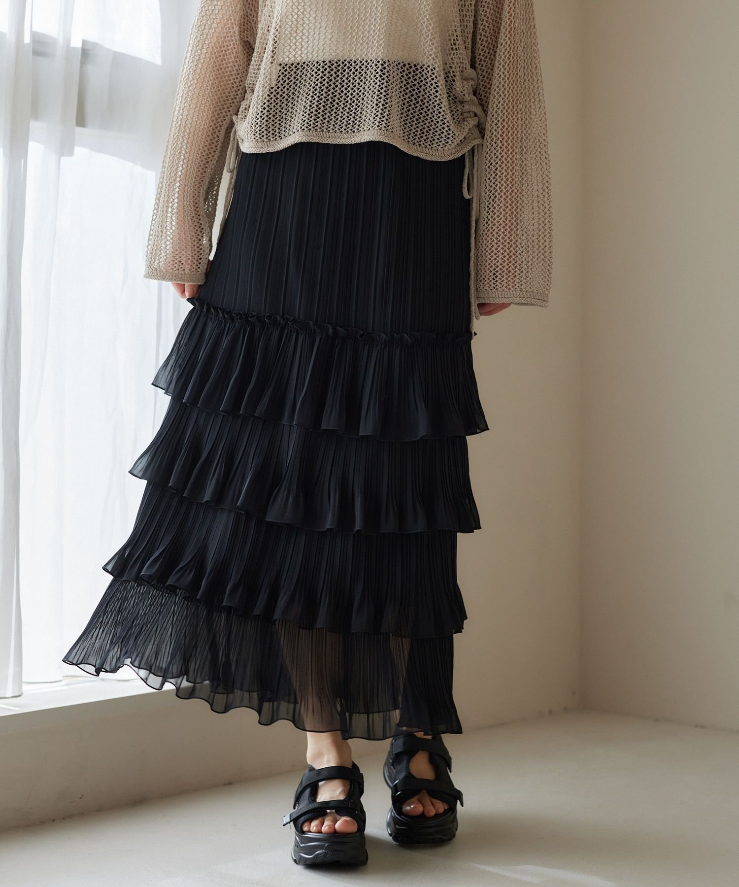 【ミスティ ウーマン/mysty woman】のティアードプリーツスカート インテリア・キッズ・メンズ・レディースファッション・服の通販 founy(ファニー) 　ファッション　Fashion　レディースファッション　Ladies' Fashion Online　スカート　Skirt　プリーツスカート　Pleated Skirts　プリーツ　Pleats　ランダム　Random　ブラック09|ID: prp329100004557161 ipo3291000000032690531