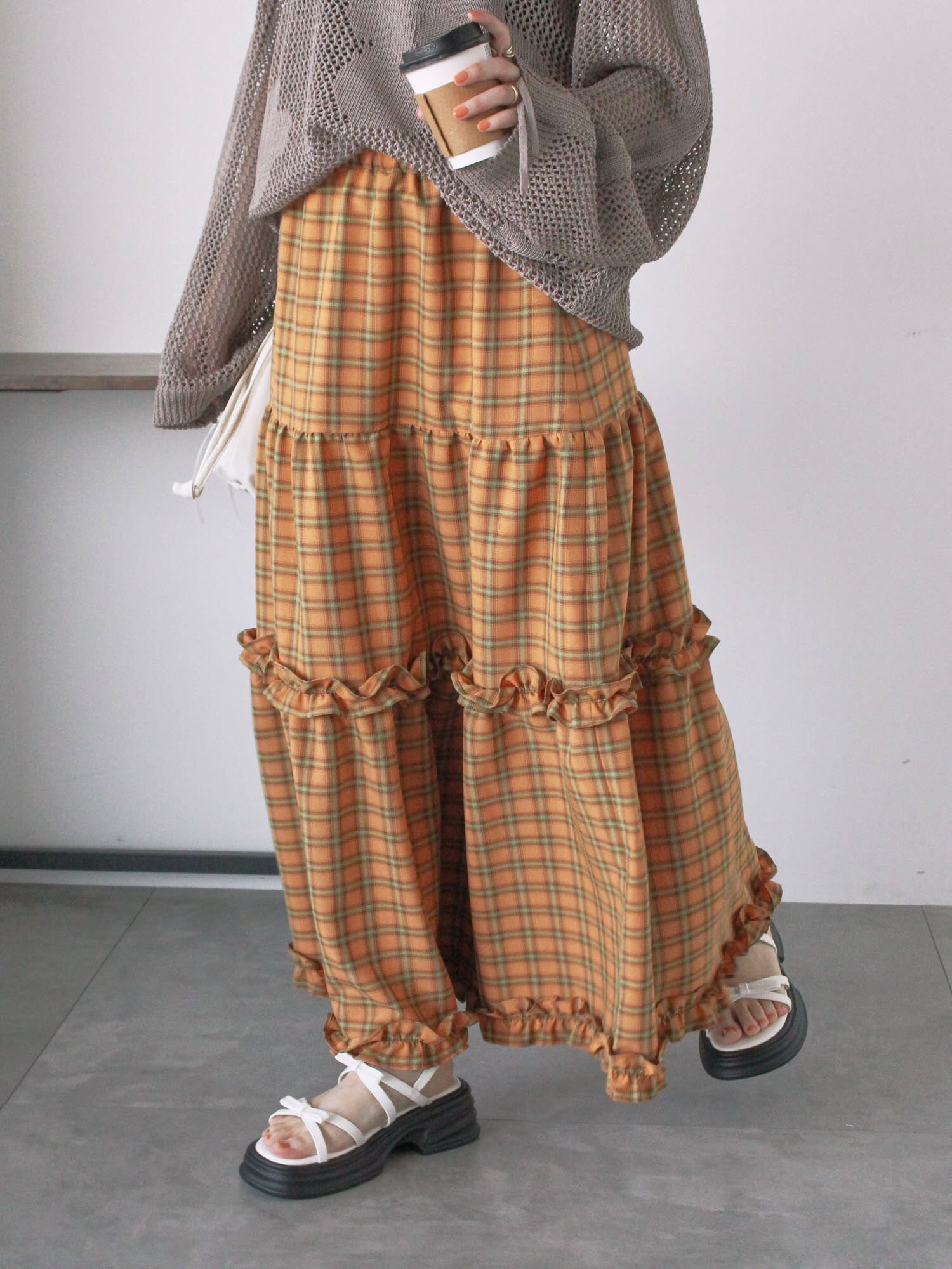 【エヘカソポ/ehka sopo】のチェックティアードスカート インテリア・キッズ・メンズ・レディースファッション・服の通販 founy(ファニー) 　ファッション　Fashion　レディースファッション　WOMEN　スカート　Skirt　ティアードスカート　Tiered Skirts　おすすめ　Recommend　チェック　Check　ティアード　Tiered　バランス　Balance　フィット　Fit　無地　Plain Color　オレンジ|ID: prp329100004557257 ipo3291000000032314450
