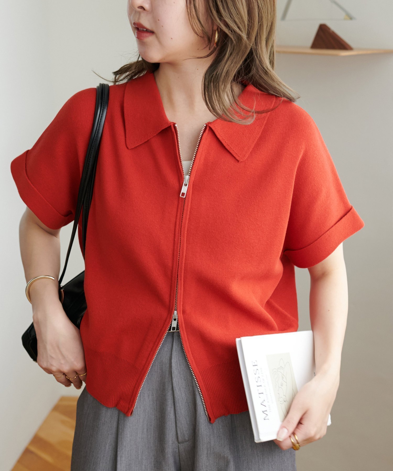 【ディスコート/Discoat】の衿付きWジップ半袖カーディガン インテリア・キッズ・メンズ・レディースファッション・服の通販 founy(ファニー) 　ファッション　Fashion　レディースファッション　WOMEN　トップス・カットソー　Tops/Tshirt　カーディガン　Cardigans　カーディガン　Cardigan　ジップ　Zip　バランス　Balance　ロールアップ　Roll Up　ワンポイント　One Point　半袖　Short Sleeve　夏　Summer　定番　Standard　羽織　Haori　レッド|ID: prp329100004557613 ipo3291000000032375005
