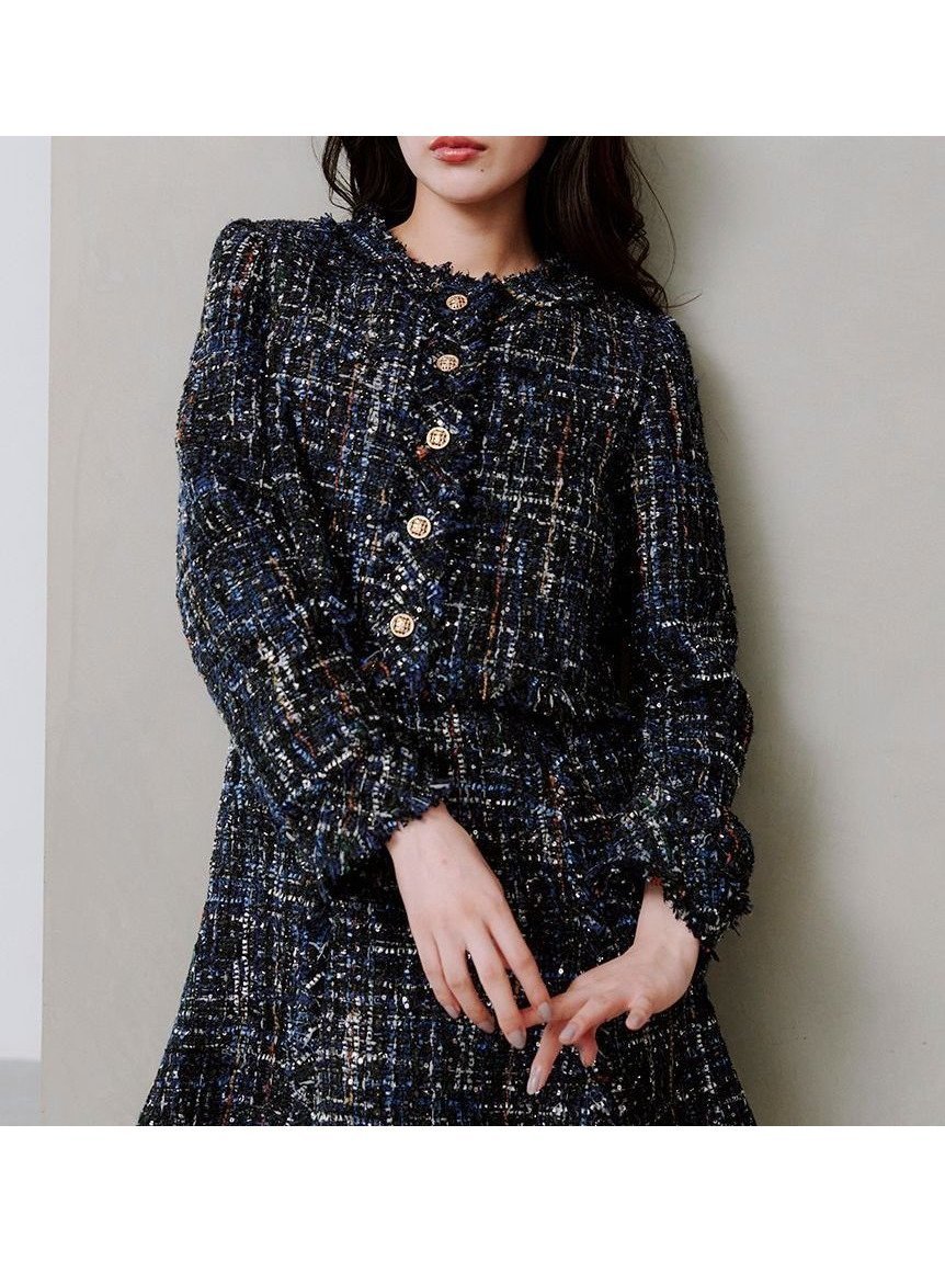 【スナイデル/SNIDEL】のツイードジャケット インテリア・キッズ・メンズ・レディースファッション・服の通販 founy(ファニー) 　ファッション　Fashion　レディースファッション　Fashion for Women　アウター　Coat / Outerwear Collection　レディースジャケット・軽アウター　Jackets　イエロー　Yellow　ウェーブ　Wavy Pattern　オレンジ　Orange　ジャケット　Jacket, Outerwear　スパンコール　Sequins, Sequin Embellishment　スマート　Smart, Elegant　ツイード　Twill, Twill Weave　人気　Popular, Best Seller　フリンジ　Fringe, Tassel　ミックス　Mix, Mixed Style　リボン　Ribbon, Bow　おすすめ　Recommended / Our Picks　NVY[089]|ID: prp329100004557852 ipo3291000000033990787