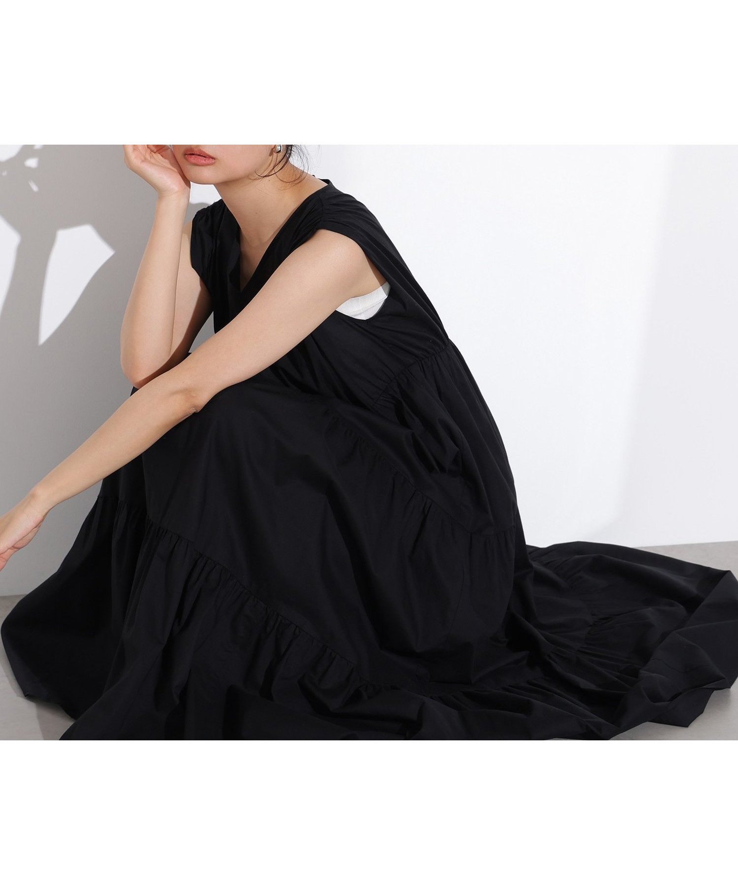 【エヌ ナチュラルビューティーベーシック/N.Natural Beauty basic】のコットンVネックティアードワンピース インテリア・キッズ・メンズ・レディースファッション・服の通販 founy(ファニー) 　ファッション　Fashion　レディースファッション　WOMEN　ワンピース　Dress　ギャザー　Gather　サマー　Summer　スリーブ　Sleeve　バランス　Balance　フェミニン　Feminine　夏　Summer　ブラック|ID: prp329100004558061 ipo3291000000032431452