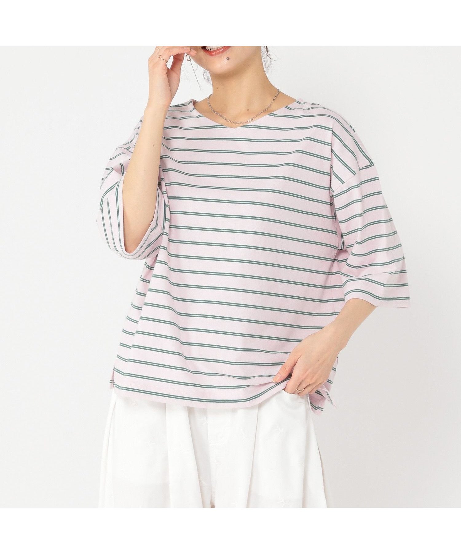 【スタディオ クリップ/studio CLIP】のUSAコットンダブルフロントベーシックTシャツ インテリア・キッズ・メンズ・レディースファッション・服の通販 founy(ファニー) 　ファッション　Fashion　レディースファッション　WOMEN　トップス・カットソー　Tops/Tshirt　シャツ/ブラウス　Shirts/Blouses　ロング / Tシャツ　T-Shirts　おすすめ　Recommend　カットソー　Cut And Sew　サロペット　Overalls　シンプル　Simple　ジャケット　Jacket　トレンド　Trend　ベーシック　Basic　ボックス　Box　ボーダー　Border　定番　Standard　無地　Plain Color　マルチピンクボーダー03|ID: prp329100004558407 ipo3291000000032260988