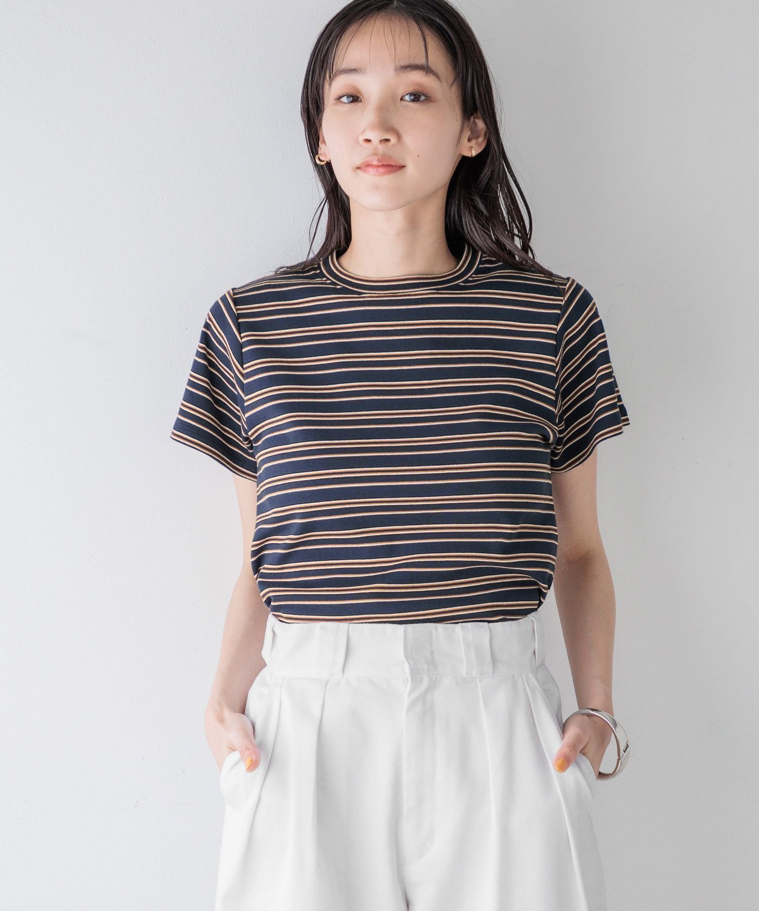【ローリーズファーム/LOWRYS FARM】のフライスチビTシャツSS インテリア・キッズ・メンズ・レディースファッション・服の通販 founy(ファニー) 　ファッション　Fashion　レディースファッション　Fashion for Women　トップス・カットソー　Cut & Sew Tops　シャツ・ブラウス・オフィスカジュアル　Elegant Blouses & Button-Ups　ロングTシャツ・Tシャツ　Longline T-Shirts & Tees　おすすめ　Recommended / Our Picks　インナー　Innerwear　キャミ　Camisole, Cami Top　コンパクト　Compact, Small Size　サロペット　Overalls, Salopette　シンプル　Simple, Minimal　ビスチェ　Bustier, Corset Top　ベーシック　Basic, Essential　ボトム　Bottoms, Lower Wear　ワイド　Wide, Wide Fit　ボーダー80|ID: prp329100004558545 ipo3291000000033448465