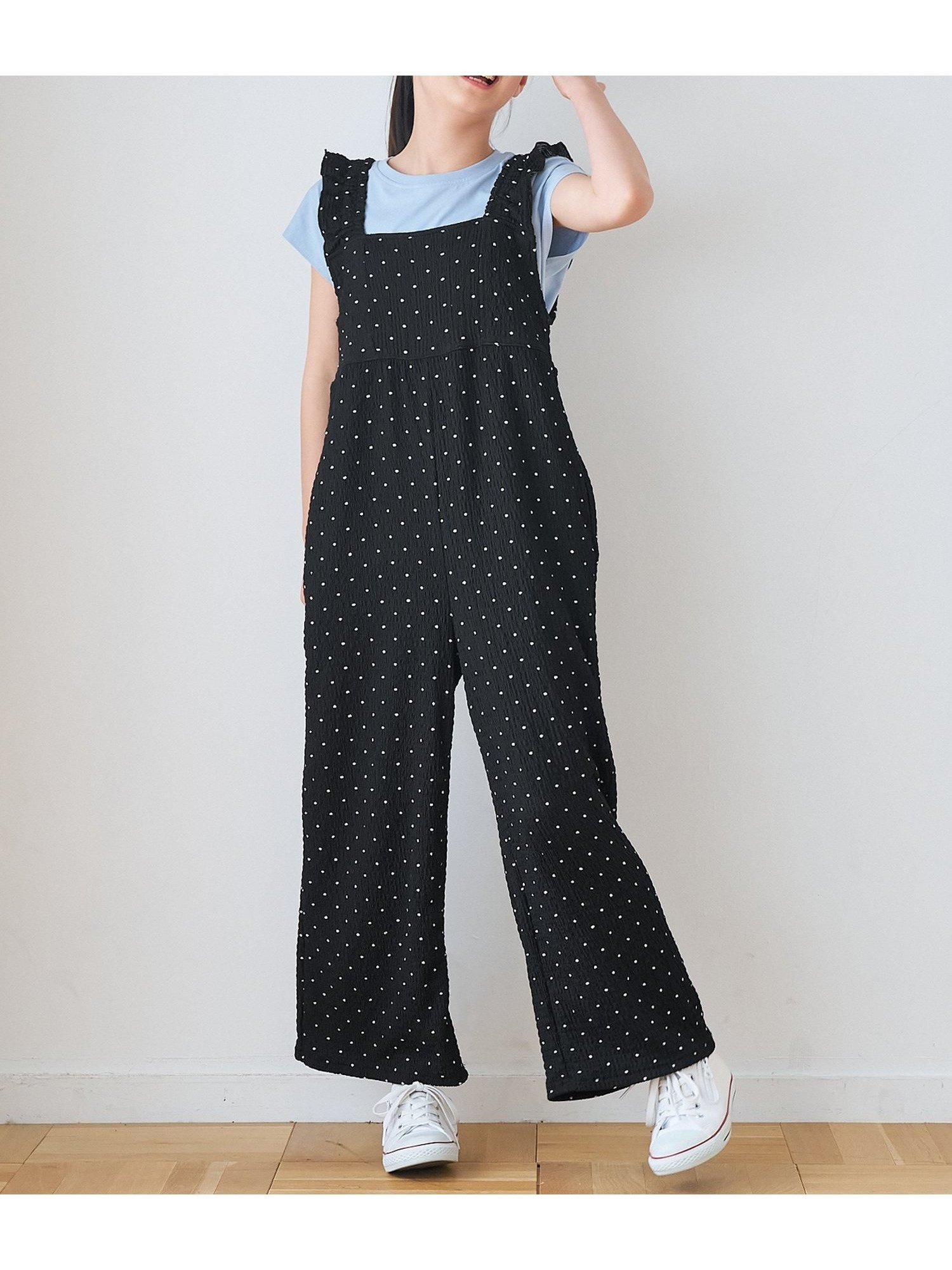 【コカ/coca / KIDS】のキッズ ガールズ 親子お揃いシボシャーリングフリルオールインワン インテリア・キッズ・メンズ・レディースファッション・服の通販 founy(ファニー) 　ファッション　Fashion　キッズファッション　Fashion for Kids　ドット　Polka Dot, Dot Pattern　プリント　Print, Printed Pattern　ポケット　Pocket, Pocket Detail　Dot|ID: prp329100004558603 ipo3291000000032710424