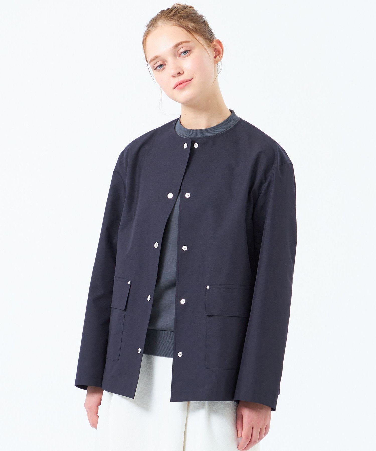 【マッキントッシュ フィロソフィー/MACKINTOSH PHILOSOPHY】のレインウェザークロスノーカラーミドルジャケット インテリア・キッズ・メンズ・レディースファッション・服の通販 founy(ファニー) 　ファッション　Fashion　レディースファッション　WOMEN　アウター　Coat Outerwear　ジャケット　Jackets　おすすめ　Recommend　カーディガン　Cardigan　ジャケット　Jacket　ドロップ　Drop　ボックス　Box　ミドル　Middle　エレガント 上品　Elegant　別注　Special Order　春　Spring　秋　Autumn/Fall　ネイビー|ID: prp329100004559004 ipo3291000000032295475
