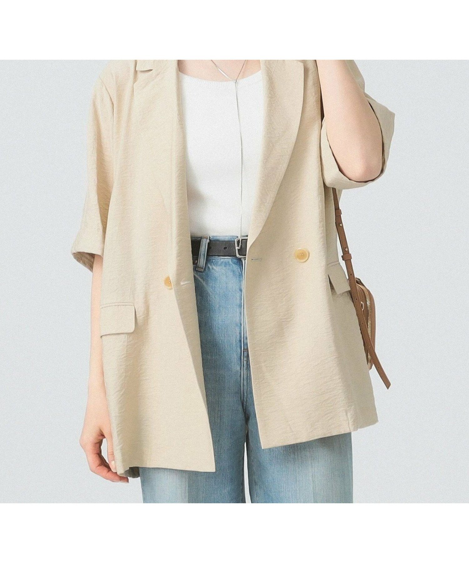 【ビームス ウイメン/BEAMS】の【秋まで着れる/ビジネス/オンオフ】ダブルブレスト ハーフスリーブ ジャケット インテリア・キッズ・メンズ・レディースファッション・服の通販 founy(ファニー) 　ファッション　Fashion　レディースファッション　Fashion for Women　アウター　Coat / Outerwear Collection　レディースジャケット・軽アウター　Jackets　おすすめ　Recommended / Our Picks　カットソー　Cut and Sewn Top　ジャケット　Jacket, Outerwear　スリーブ　Sleeve, Long Sleeve / Short Sleeve　ダブル　Double, Double-Breasted　ハーフ　Half, Half-Length　バランス　Balance, Style Balance　ビジネス 仕事 通勤　Business / Work / Commuting　フロント　Front, Front Design　リラックス　Relax, Relaxed Fit　ロング　Long, Long-Length　秋　Autumn　BEIGE|ID: prp329100004559674 ipo3291000000033565911