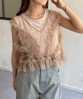 【ゼヴォン/Thevon】のチュールフリルベスト×ノースリセットプルオーバー 人気、トレンドファッション・服の通販 founy(ファニー) ファッション Fashion レディースファッション Fashion for Women トップス・カットソー Cut & Sew Tops ベスト&ジレ / 重ね着スタイル Vests & Gilets カジュアルプルオーバー・ニットトップス Pullovers & Knit Tops / Casual Pullovers 2025年 2025 2025春夏・S/S Spring/Summer 2025 SS25 アクセサリー Fashion Accessories エアリー Airy Texture ショート Short, Short Length ダウン Down, Puffer チュール Tulip, Tulip Motif デニム Denim, Jeans Material トレンド Trend, Trending Now ネックレス Necklace, Pendant Necklace ノースリーブ Sleeveless, No-Sleeve フェミニン Feminine, Girly ベスト Vest, Waistcoat |ID:prp329100004559755