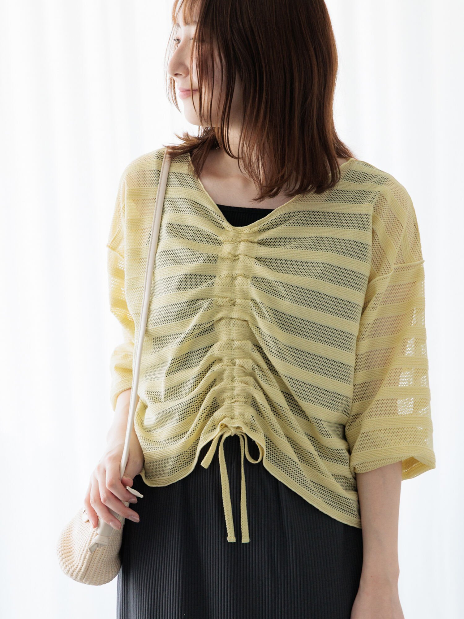 【テチチ/Te chichi】のメッシュボーダーシャーリングトップス インテリア・キッズ・メンズ・レディースファッション・服の通販 founy(ファニー) 　ファッション　Fashion　レディースファッション　WOMEN　トップス・カットソー　Tops/Tshirt　シャーリング　Shirring　ボーダー　Border　メッシュ　Mesh　イエロー|ID: prp329100004559877 ipo3291000000032239031