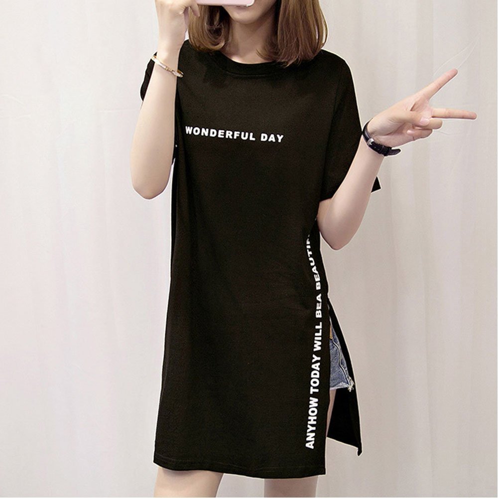 【ミニミニストア/miniministore】のロゴtシャツ レディース 半袖カジュアル インテリア・キッズ・メンズ・レディースファッション・服の通販 founy(ファニー) 　ファッション　Fashion　レディースファッション　WOMEN　トップス・カットソー　Tops/Tshirt　シャツ/ブラウス　Shirts/Blouses　ロング / Tシャツ　T-Shirts　シンプル　Simple　スリット　Slit　チュニック　Tunic　プリント　Print　ボトム　Bottom　ロング　Long　半袖　Short Sleeve　夏　Summer　ブラック|ID: prp329100004559880 ipo3291000000032239049