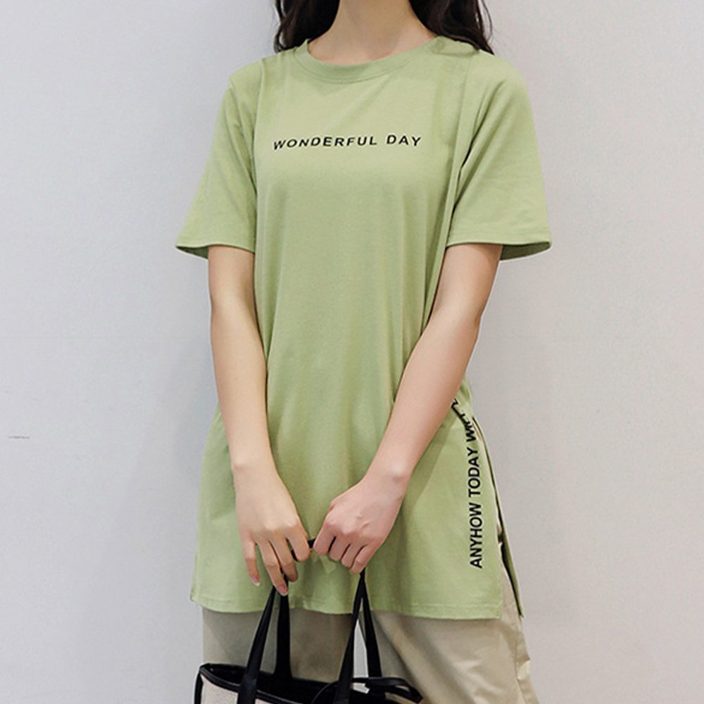 【ミニミニストア/miniministore】のロゴtシャツ レディース 半袖カジュアル インテリア・キッズ・メンズ・レディースファッション・服の通販 founy(ファニー) 　ファッション　Fashion　レディースファッション　WOMEN　トップス・カットソー　Tops/Tshirt　シャツ/ブラウス　Shirts/Blouses　ロング / Tシャツ　T-Shirts　シンプル　Simple　スリット　Slit　チュニック　Tunic　プリント　Print　ボトム　Bottom　ロング　Long　半袖　Short Sleeve　夏　Summer　グリーン|ID: prp329100004559880 ipo3291000000032239051