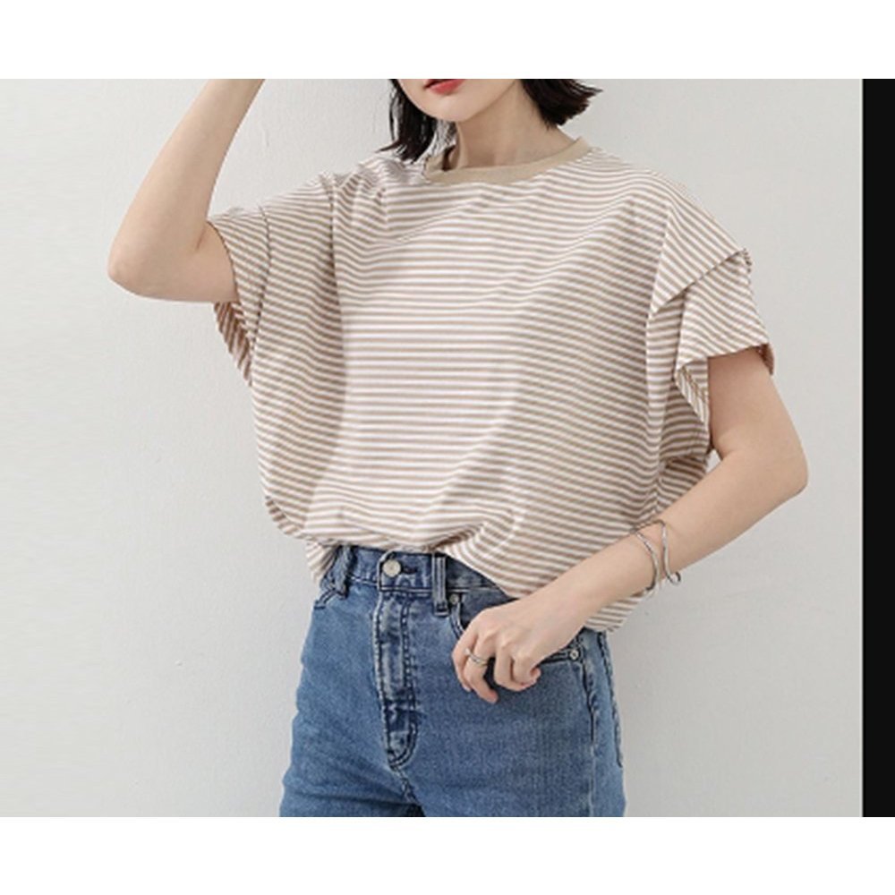 【ミニミニストア/miniministore】のショルダータックTシャツ レディース半袖 インテリア・キッズ・メンズ・レディースファッション・服の通販 founy(ファニー) 　ファッション　Fashion　レディースファッション　WOMEN　トップス・カットソー　Tops/Tshirt　シャツ/ブラウス　Shirts/Blouses　ロング / Tシャツ　T-Shirts　ショルダー　Shoulder　スリーブ　Sleeve　フレンチ　French　ボーダー　Border　半袖　Short Sleeve　夏　Summer　ビジネス 仕事 通勤　Business　ベージュ*ボーダー|ID: prp329100004560097 ipo3291000000032240711