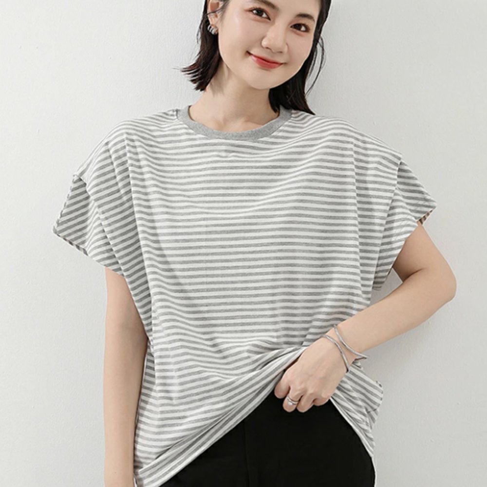 【ミニミニストア/miniministore】のショルダータックTシャツ レディース半袖 インテリア・キッズ・メンズ・レディースファッション・服の通販 founy(ファニー) 　ファッション　Fashion　レディースファッション　WOMEN　トップス・カットソー　Tops/Tshirt　シャツ/ブラウス　Shirts/Blouses　ロング / Tシャツ　T-Shirts　ショルダー　Shoulder　スリーブ　Sleeve　フレンチ　French　ボーダー　Border　半袖　Short Sleeve　夏　Summer　ビジネス 仕事 通勤　Business　ライトグレー*ボーダー|ID: prp329100004560097 ipo3291000000032240716