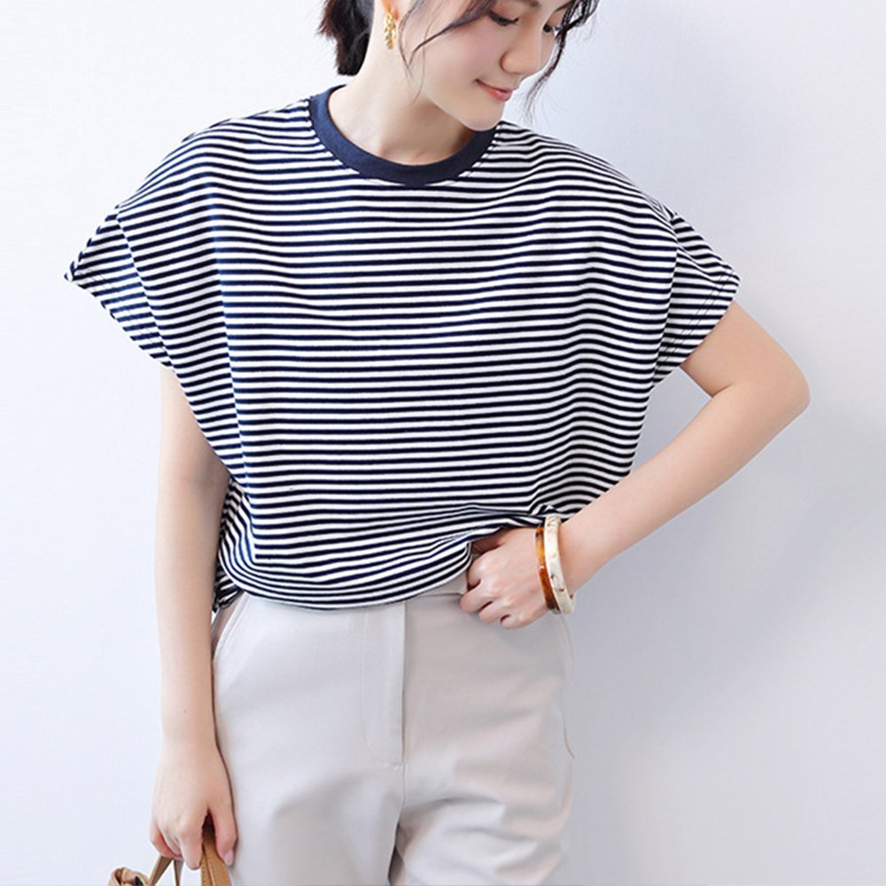 【ミニミニストア/miniministore】のショルダータックTシャツ レディース半袖 インテリア・キッズ・メンズ・レディースファッション・服の通販 founy(ファニー) 　ファッション　Fashion　レディースファッション　WOMEN　トップス・カットソー　Tops/Tshirt　シャツ/ブラウス　Shirts/Blouses　ロング / Tシャツ　T-Shirts　ショルダー　Shoulder　スリーブ　Sleeve　フレンチ　French　ボーダー　Border　半袖　Short Sleeve　夏　Summer　ビジネス 仕事 通勤　Business　ネイビー*ボーダー|ID: prp329100004560097 ipo3291000000032240718