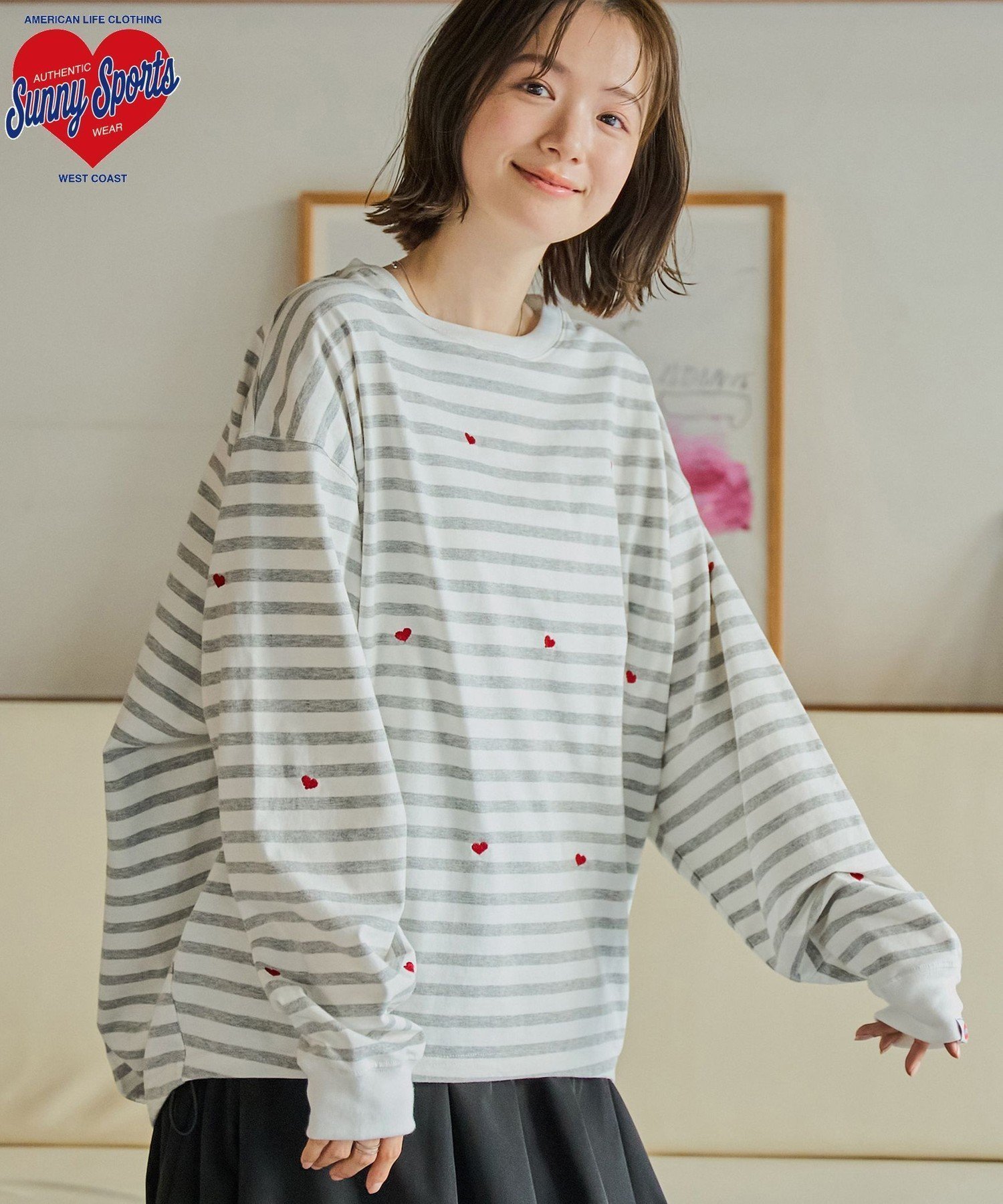 【コーエン/COEN】のSunnySports別注ハートチビ刺繍ロングスリーブTシャツ インテリア・キッズ・メンズ・レディースファッション・服の通販 founy(ファニー) 　ファッション　Fashion　レディースファッション　Fashion for Women　トップス・カットソー　Cut & Sew Tops　シャツ・ブラウス・オフィスカジュアル　Elegant Blouses & Button-Ups　ロングTシャツ・Tシャツ　Longline T-Shirts & Tees　コラボ　Collaboration, Collab　スリーブ　Sleeve, Long Sleeve / Short Sleeve　デニム　Denim, Jeans Material　ボーダー　Border, Stripe　別注　Limited Edition, Custom Order　ルーズ　Loose, Oversized　ロング　Long, Long-Length　おすすめ　Recommended / Our Picks　その他2|ID: prp329100004560150 ipo3291000000033543760