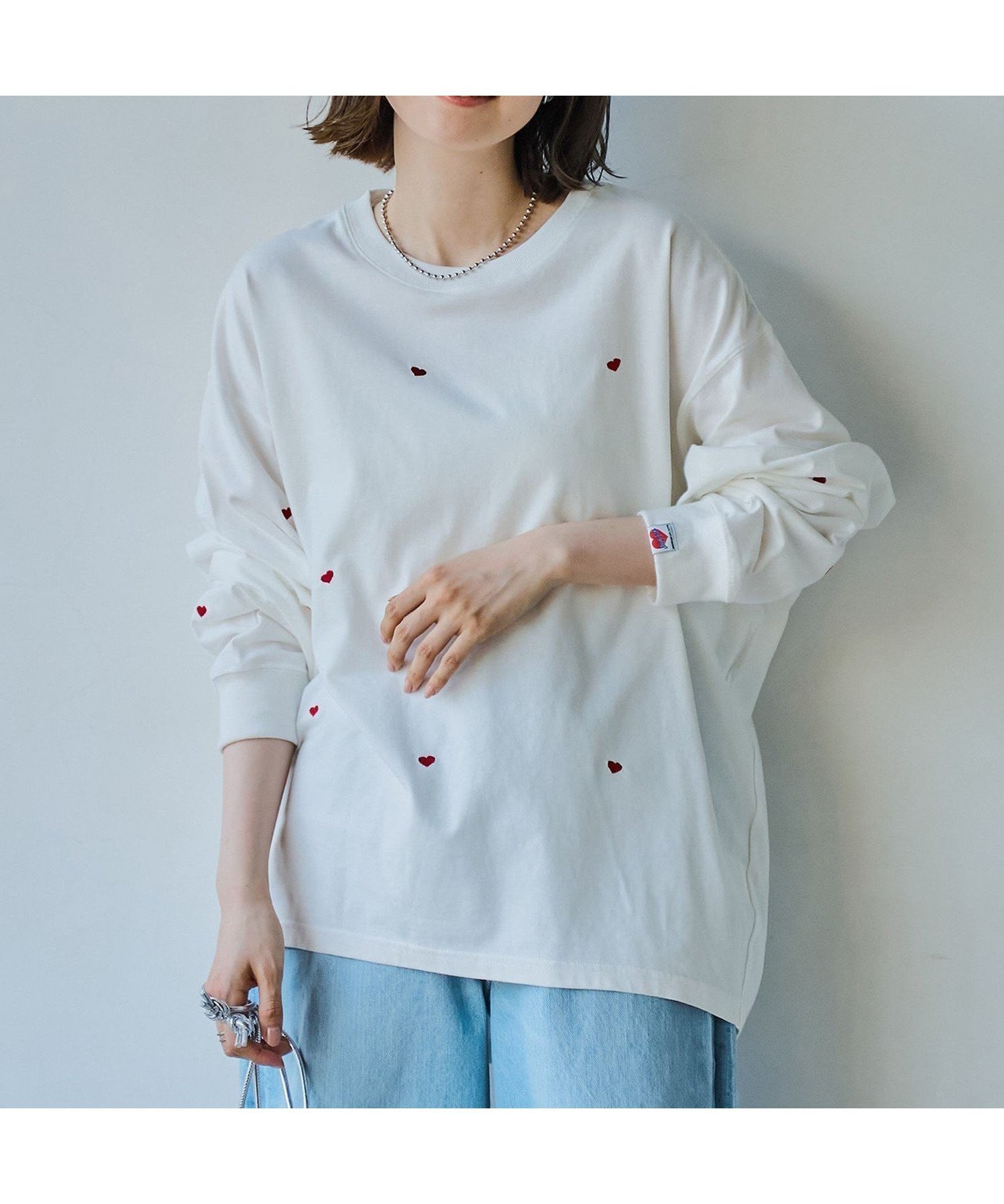【コーエン/COEN】のSunnySports別注ハートチビ刺繍ロングスリーブTシャツ インテリア・キッズ・メンズ・レディースファッション・服の通販 founy(ファニー) 　ファッション　Fashion　レディースファッション　Fashion for Women　トップス・カットソー　Cut & Sew Tops　シャツ・ブラウス・オフィスカジュアル　Elegant Blouses & Button-Ups　ロングTシャツ・Tシャツ　Longline T-Shirts & Tees　コラボ　Collaboration, Collab　スリーブ　Sleeve, Long Sleeve / Short Sleeve　デニム　Denim, Jeans Material　ボーダー　Border, Stripe　別注　Limited Edition, Custom Order　ルーズ　Loose, Oversized　ロング　Long, Long-Length　おすすめ　Recommended / Our Picks　OFF WHITE|ID: prp329100004560150 ipo3291000000033543762