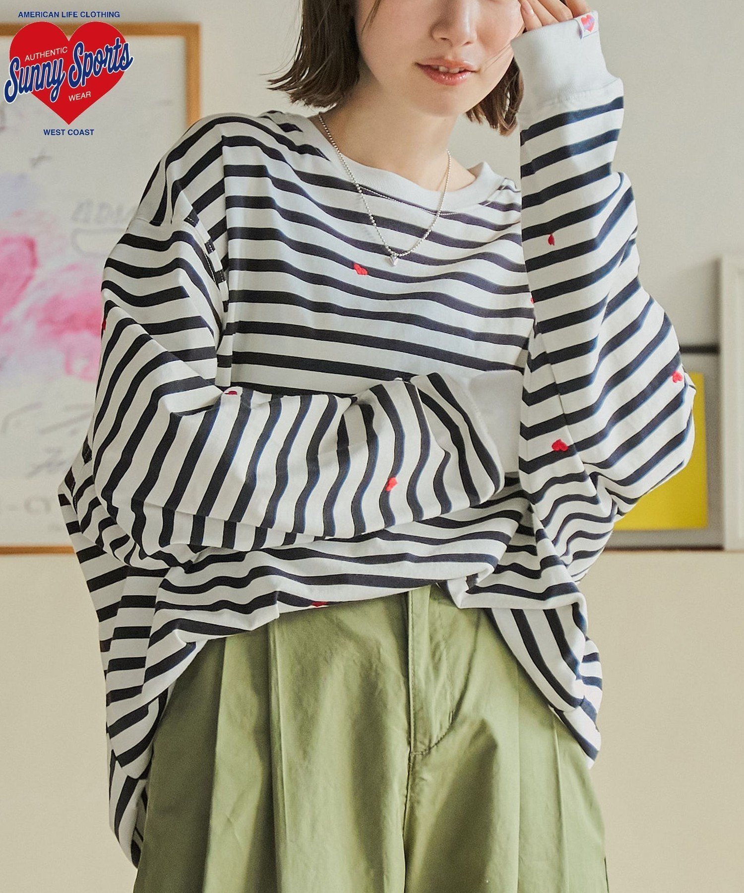 【コーエン/COEN】のSunnySports別注ハートチビ刺繍ロングスリーブTシャツ インテリア・キッズ・メンズ・レディースファッション・服の通販 founy(ファニー) 　ファッション　Fashion　レディースファッション　Fashion for Women　トップス・カットソー　Cut & Sew Tops　シャツ・ブラウス・オフィスカジュアル　Elegant Blouses & Button-Ups　ロングTシャツ・Tシャツ　Longline T-Shirts & Tees　コラボ　Collaboration, Collab　スリーブ　Sleeve, Long Sleeve / Short Sleeve　デニム　Denim, Jeans Material　ボーダー　Border, Stripe　別注　Limited Edition, Custom Order　ルーズ　Loose, Oversized　ロング　Long, Long-Length　おすすめ　Recommended / Our Picks　その他1|ID: prp329100004560150 ipo3291000000033543766
