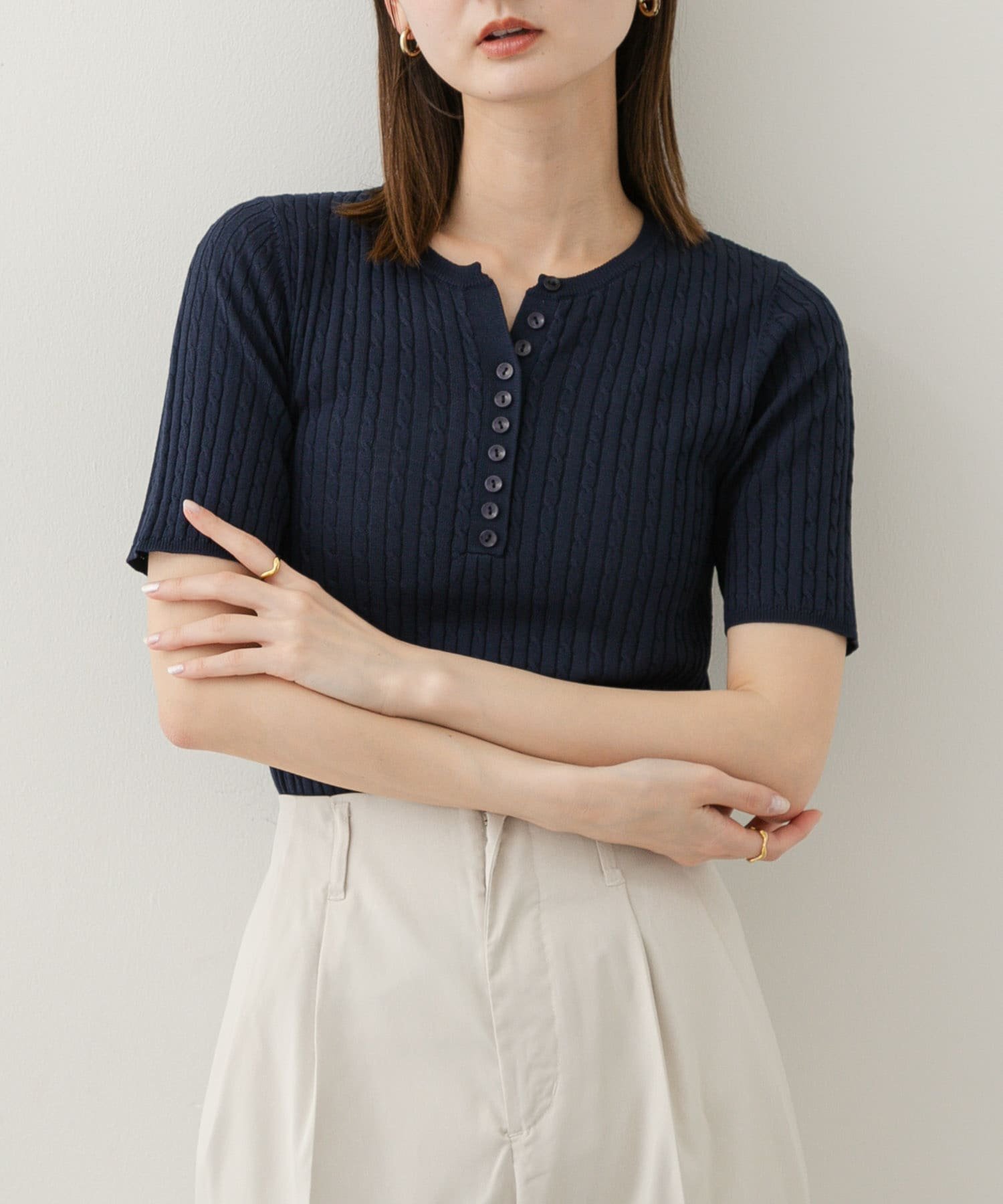 【センスオブプレイス/SENSE OF PLACE by URBAN RESEARCH】のヘンリーネックミニケーブルセーター(半袖) インテリア・キッズ・メンズ・レディースファッション・服の通販 founy(ファニー) 　ファッション　Fashion　レディースファッション　WOMEN　トップス・カットソー　Tops/Tshirt　2025年　2025　2025春夏・S/S　Ss,Spring/Summer,2025　おすすめ　Recommend　インナー　Inner　シンプル　Simple　ジャケット　Jacket　ワイド　Wide　半袖　Short Sleeve　夏　Summer　S/S・春夏　Ss・Spring/Summer　NAVY|ID: prp329100004560293 ipo3291000000032242409