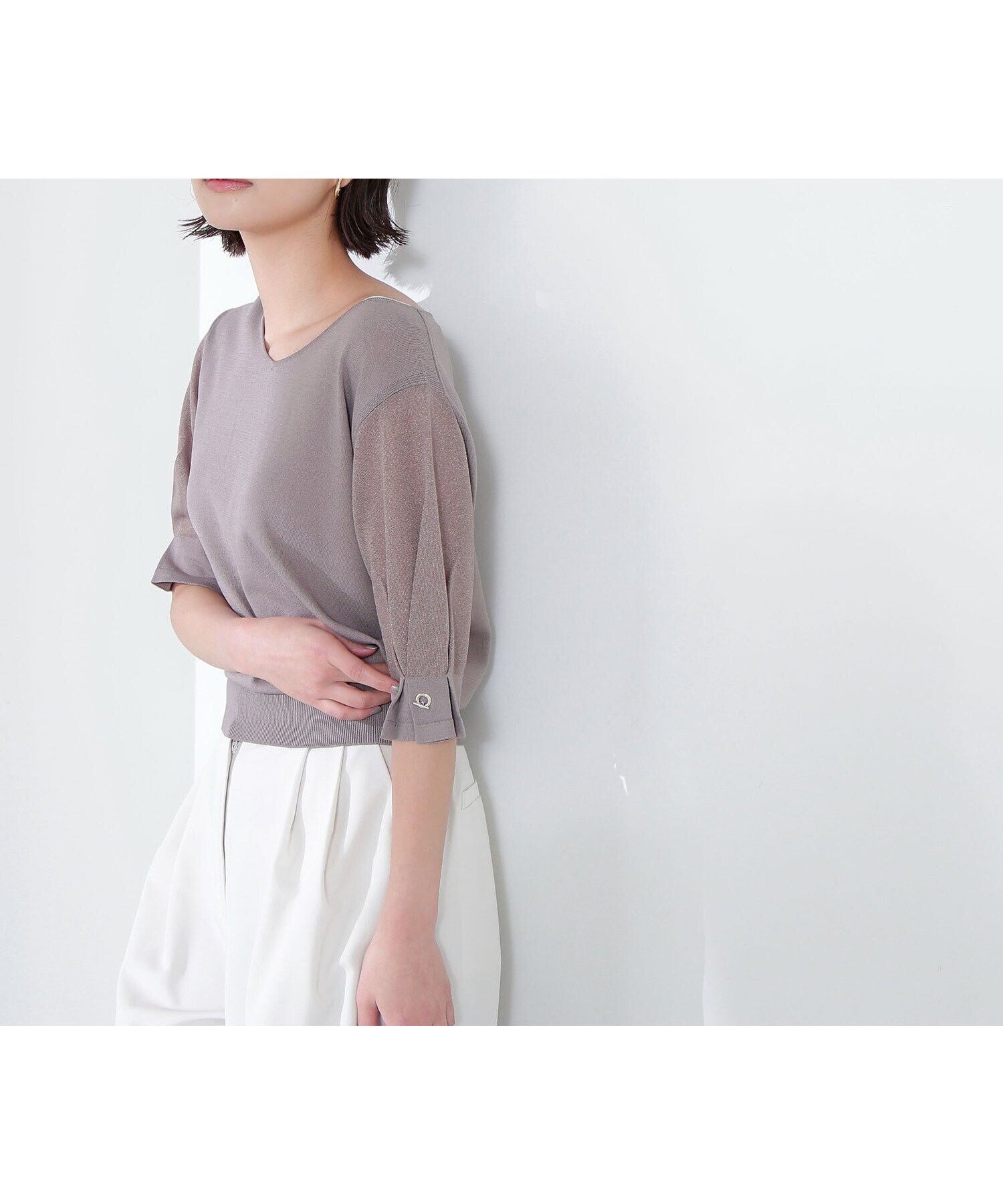 【ナチュラル ビューティー ベーシック/NATURAL BEAUTY BASIC】のVネックハトメシアースリーブニット インテリア・キッズ・メンズ・レディースファッション・服の通販 founy(ファニー) 　ファッション　Fashion　レディースファッション　WOMEN　トップス・カットソー　Tops/Tshirt　ニット　Knit Tops　Vネック　V-Neck　カフス　Cuffs　シアー　Sheer　スリーブ　Sleeve　ミックス　Mix　人気　Popularity　定番　Standard　ライトモカ|ID: prp329100004560306 ipo3291000000032242520